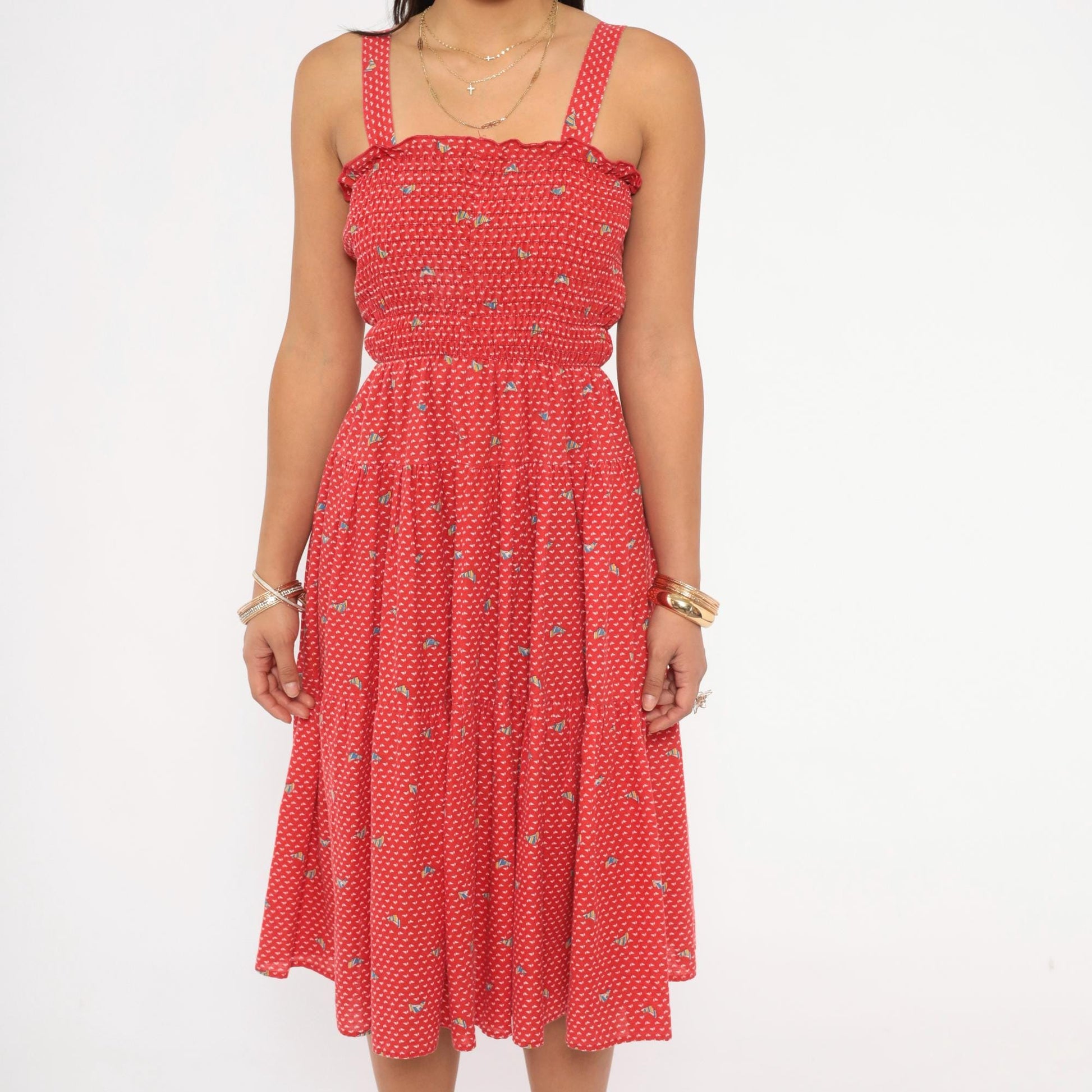 70s Red Sailboat Print Sundress Smocked Bodice Cotton Knee Length Medium M
