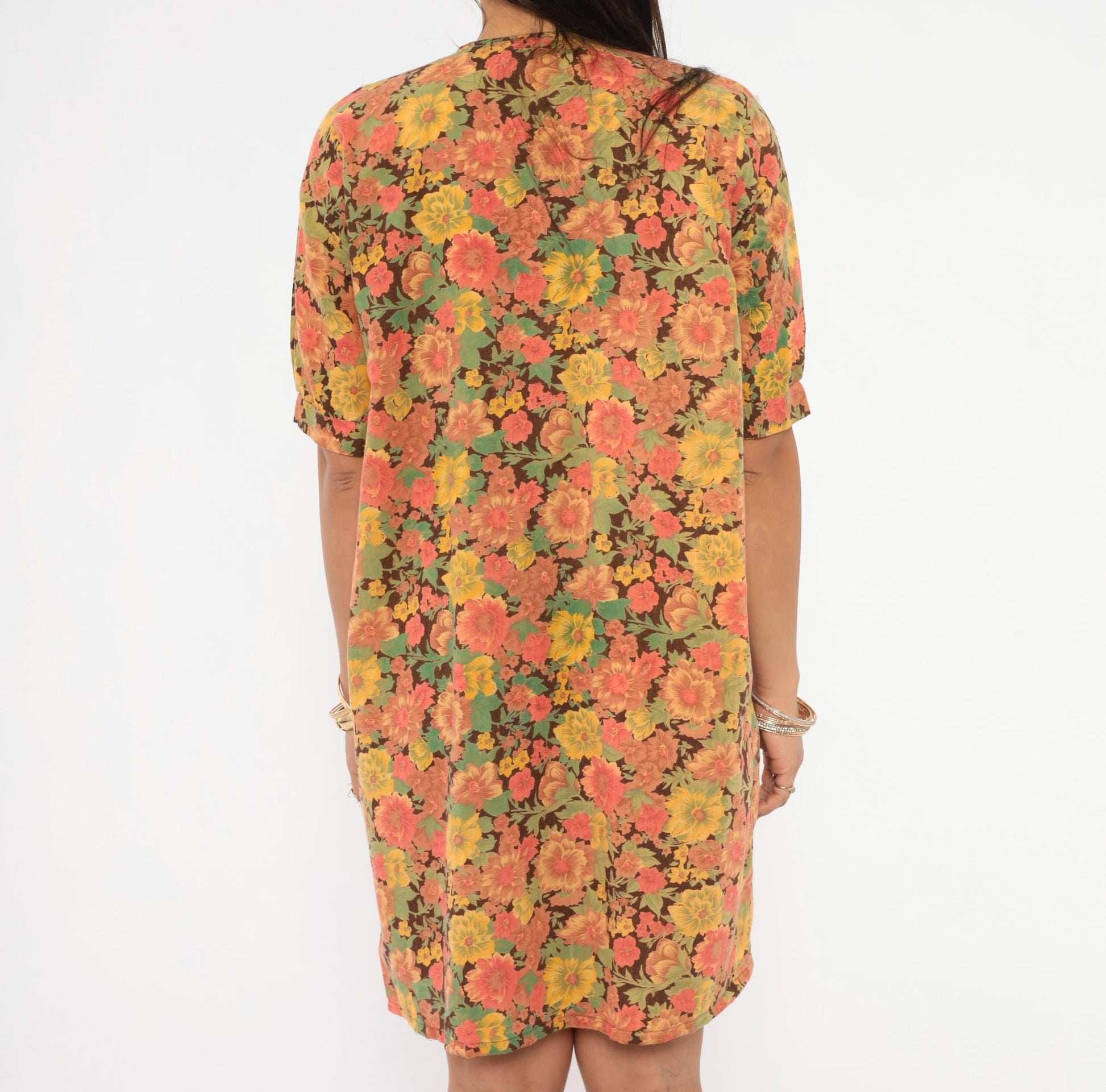 70s Floral Cotton Shift Dress Eyelet Lace Collar Brown Garden Print Mini Medium M