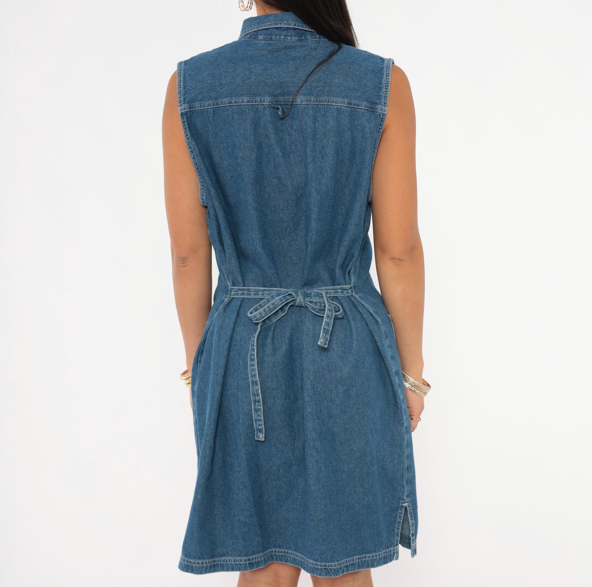 90s Denim Shift Dress Sleeveless Button Front Blue Jean Medium Large