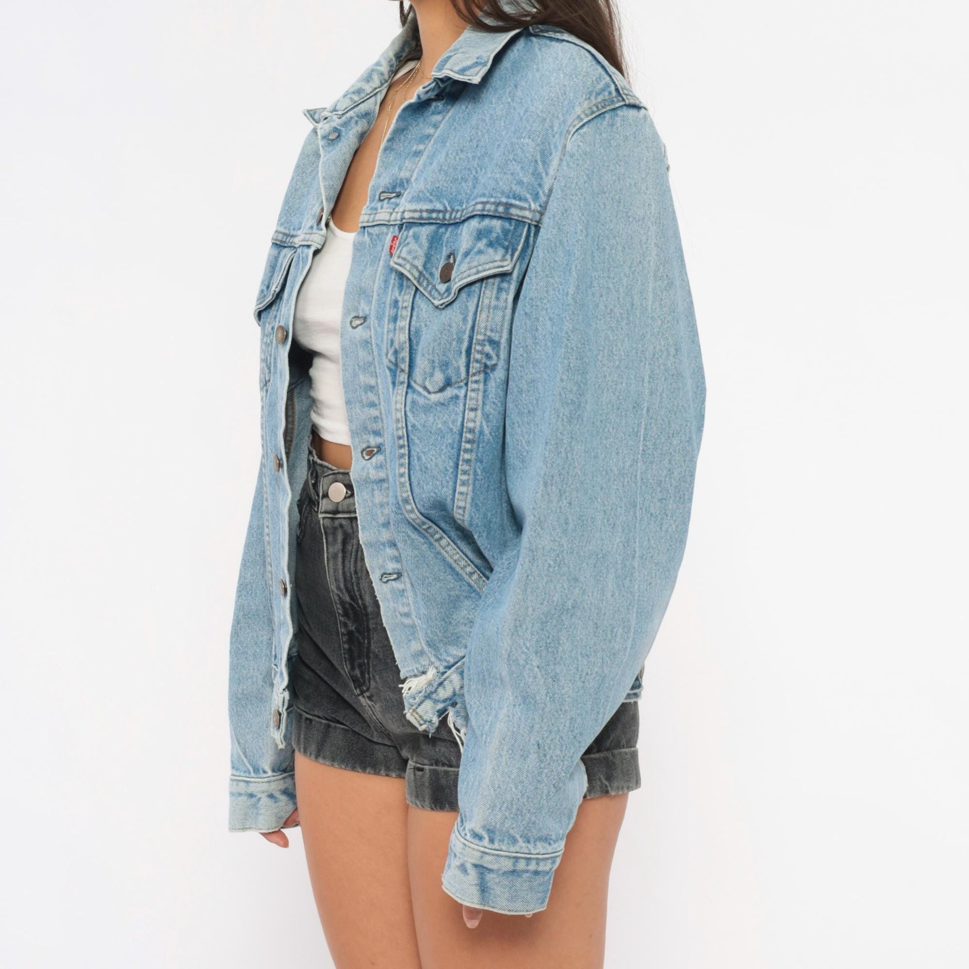 70s Levis Trucker Jacket Light Blue Denim Cotton Button Front Medium