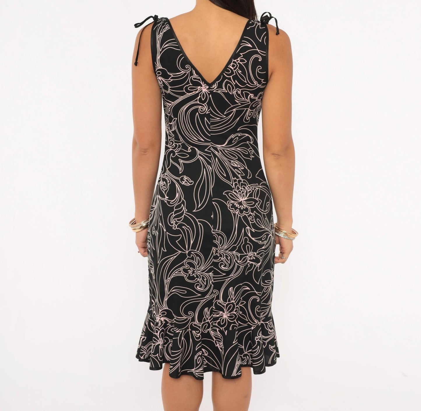 Y2K City Triangles Black Floral Wrap Dress Pink Line Drawing Knee Length Small