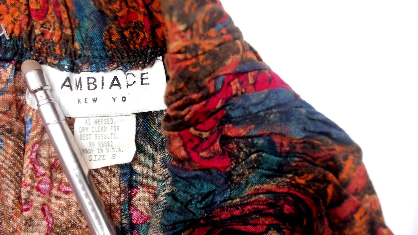 80s Ambiance New York Paisley Pleated Midi Skirt Teal Rust Small