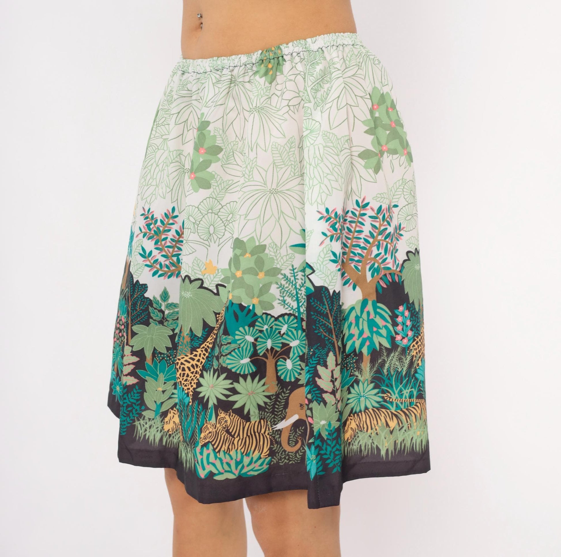 80s Jungle Safari Animal Print A-Line Skirt Knee-Length Cream Small Medium