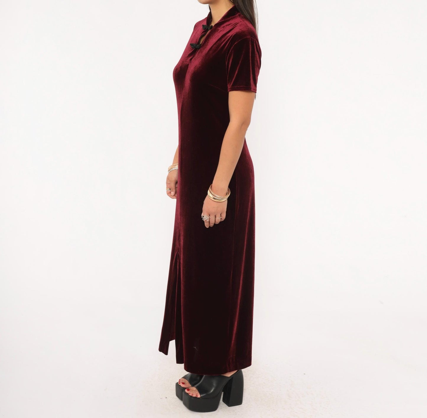 90s Dressing Clio Burgundy Velvet Cheongsam Maxi Dress Mandarin Collar Medium M