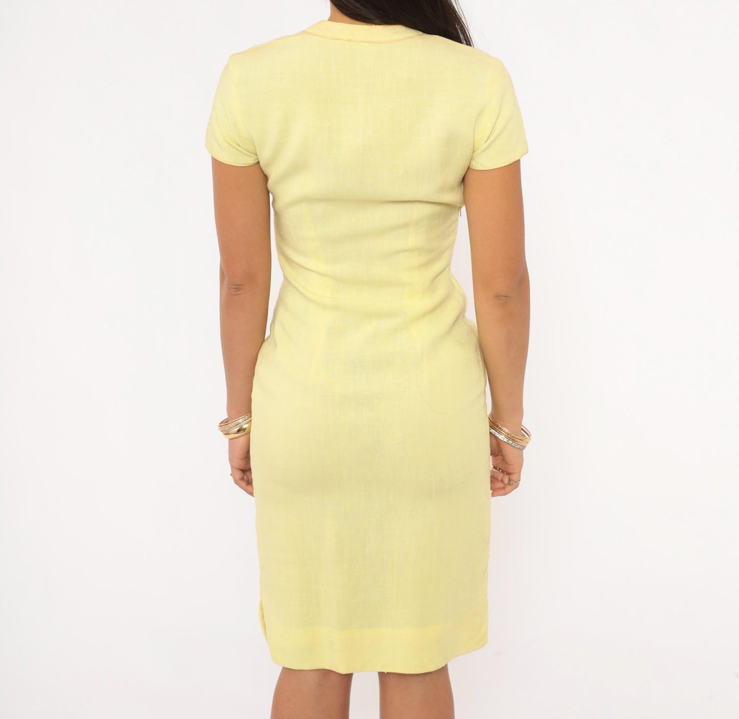 70s Butter Yellow Cheongsam Mandarin Collar Dress Linen Cotton Pencil XS