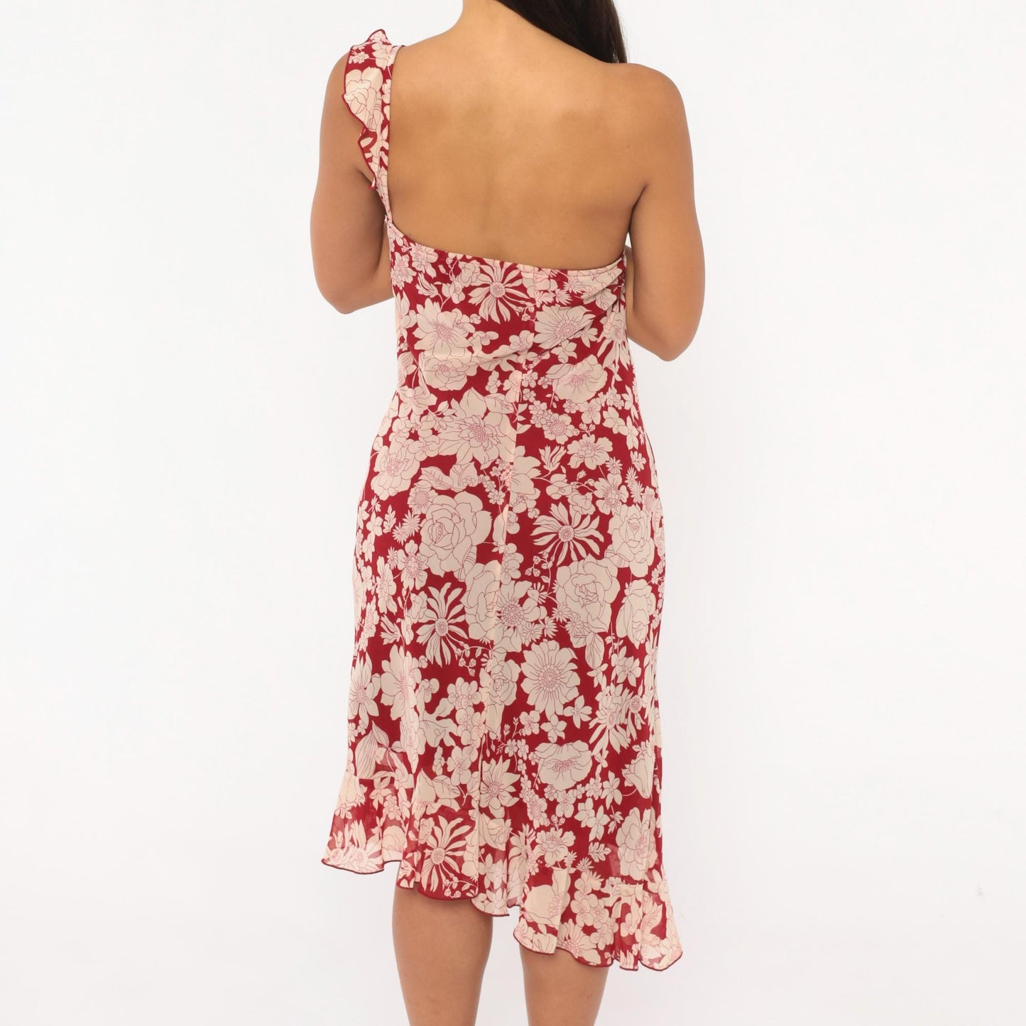 Y2K Debut USA Floral One-Shoulder Dress Red Cream Knee-Length Large L