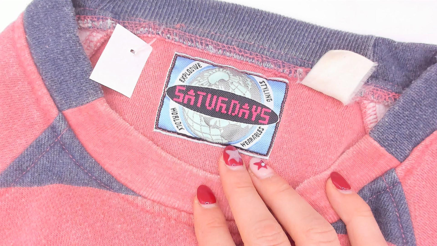 90s Saturdays Pink Navy Striped Rugby Sweatshirt Raglan Sleeve Medium