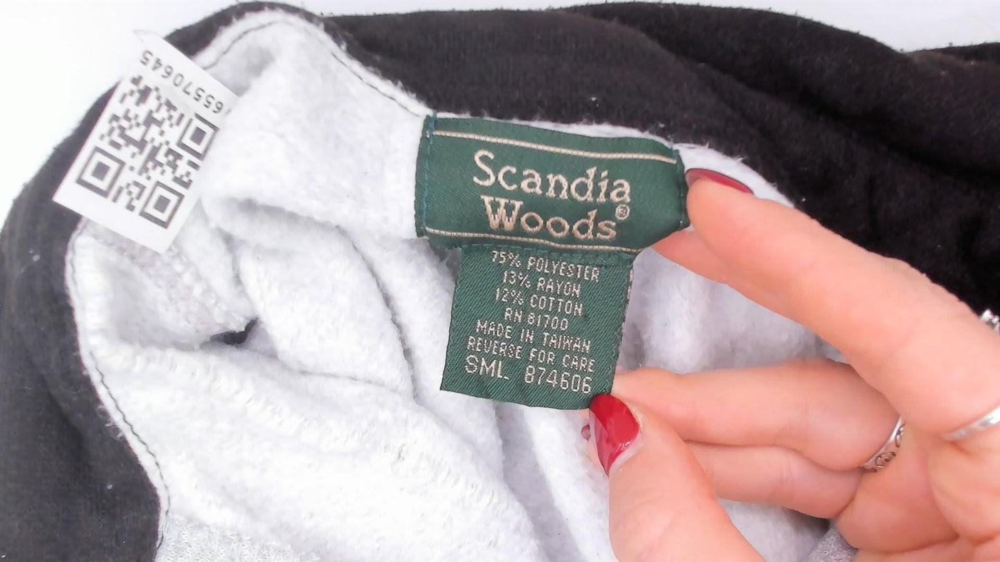 90s Scandia Woods Henley Sweatshirt Black Collar Elbow Patch Grey Small