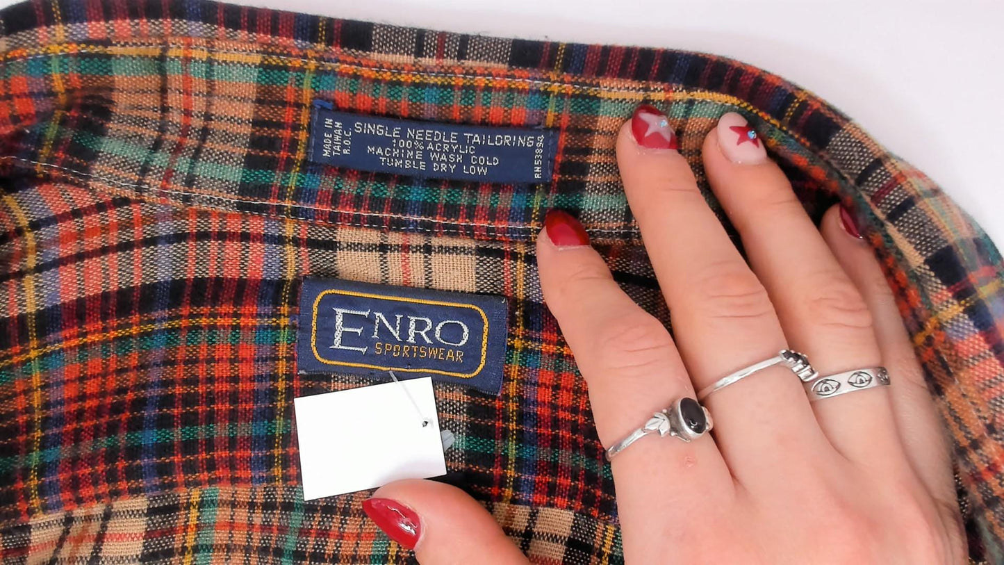 90s Enro Sportswear Plaid Flannel Shirt Burgundy Green Tartan Button-Up Large Tall