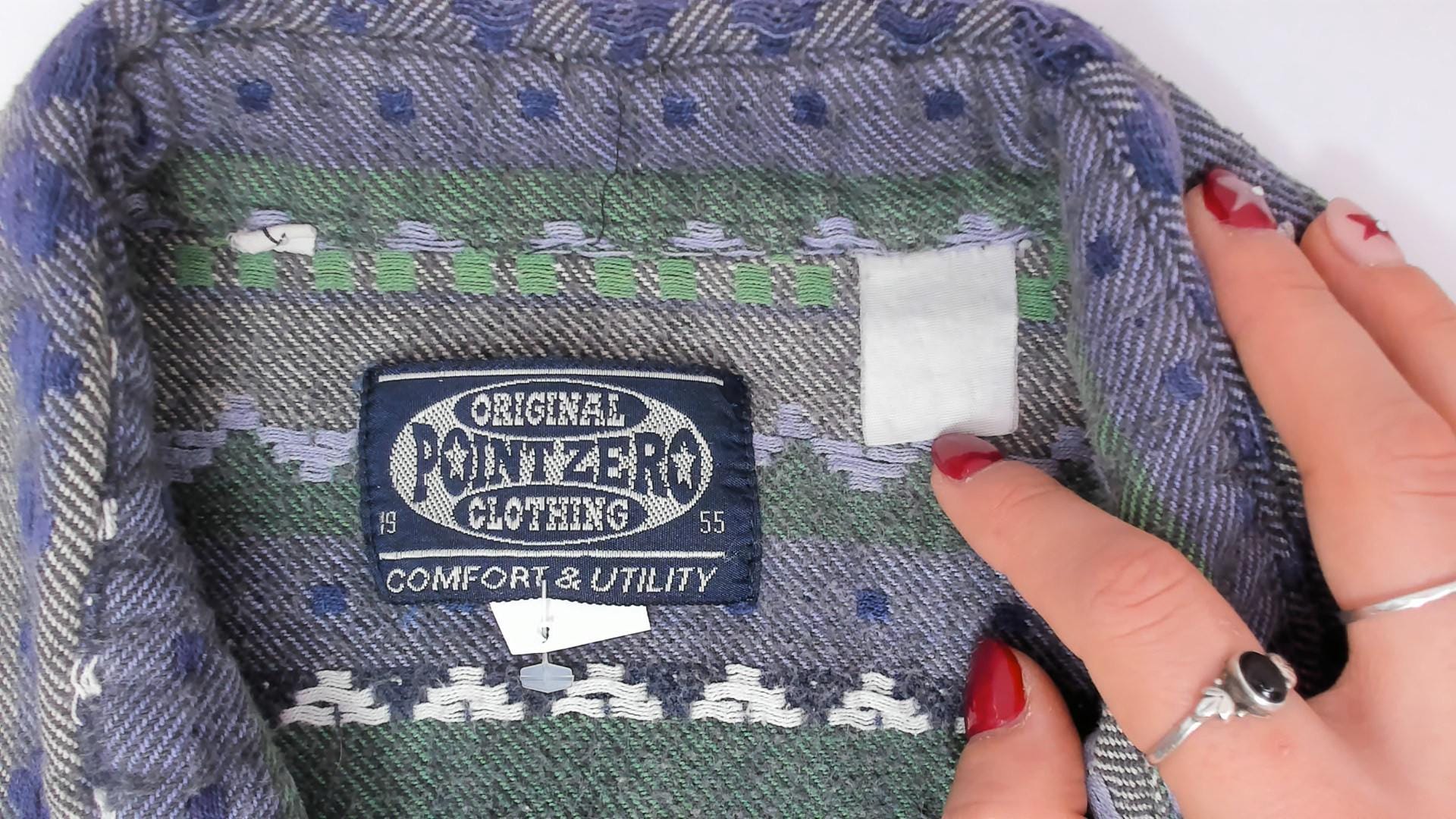 90s Point Zero Geometric Flannel Shirt Green Navy Jacquard Folk Pattern Medium