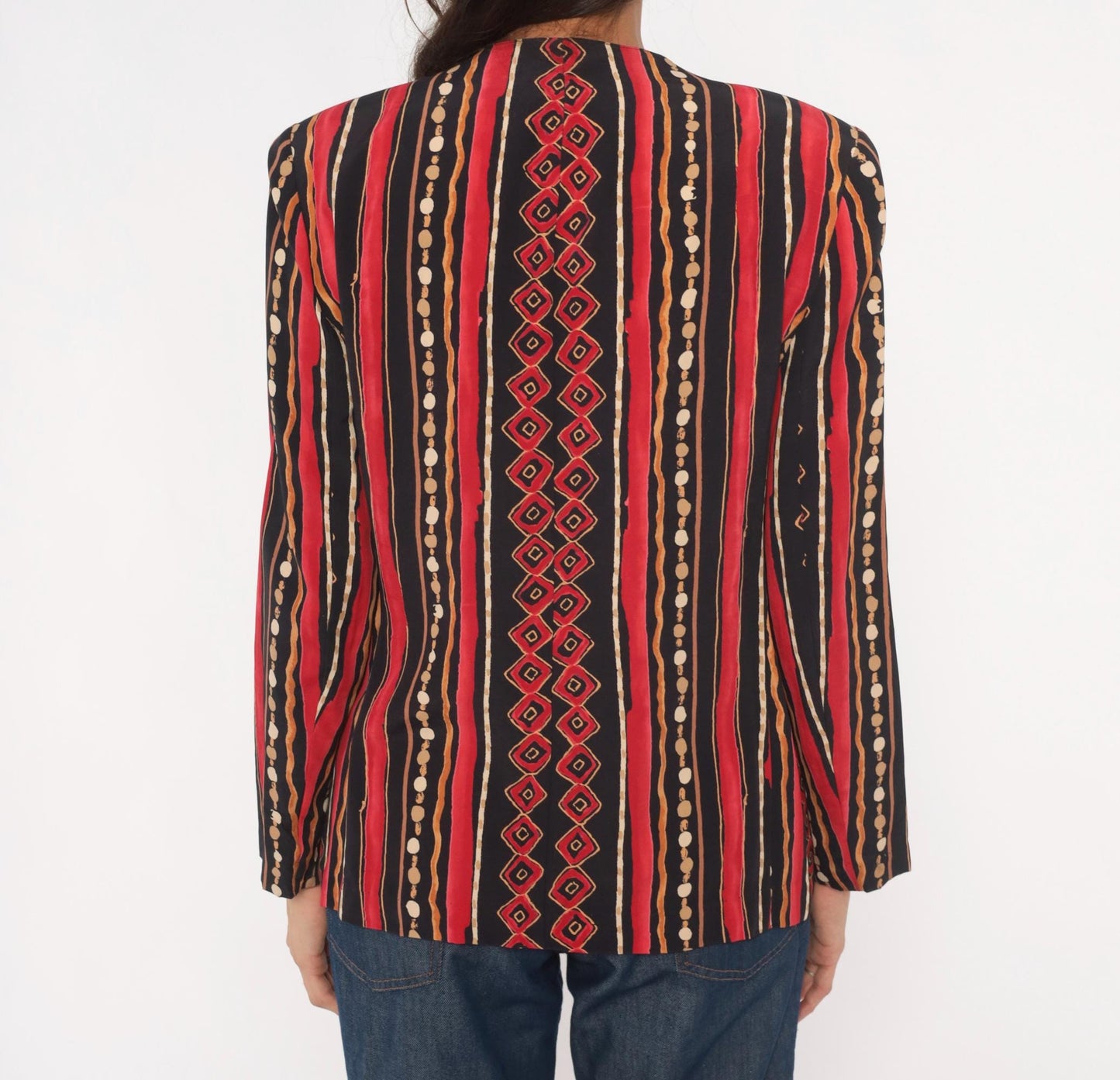 90s Southern Lady Tribal Stripe Blazer Collarless Geometric Black Small