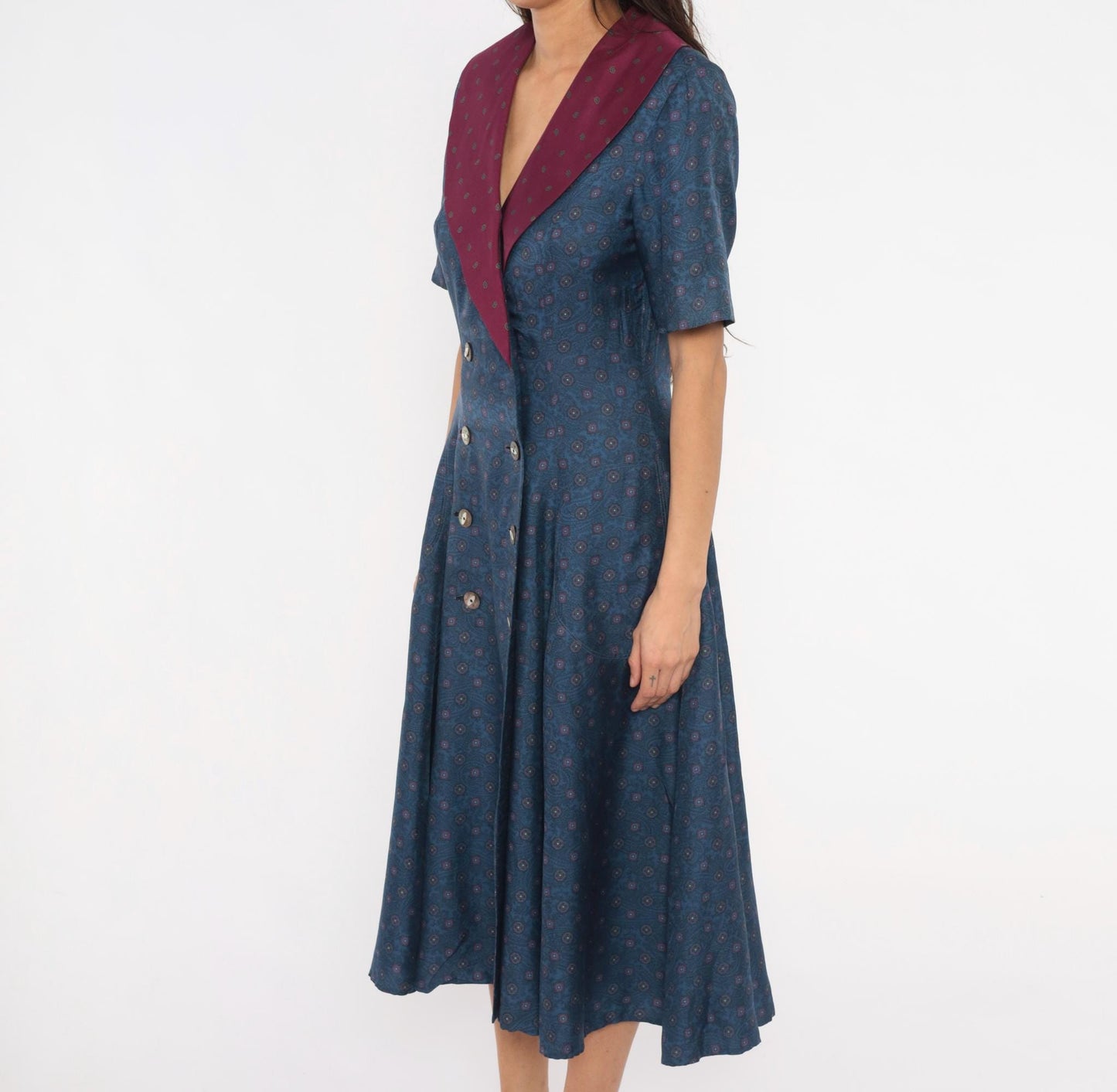 90s Donna Fredericks Navy Paisley Midi Dress Burgundy Shawl Collar Medium M