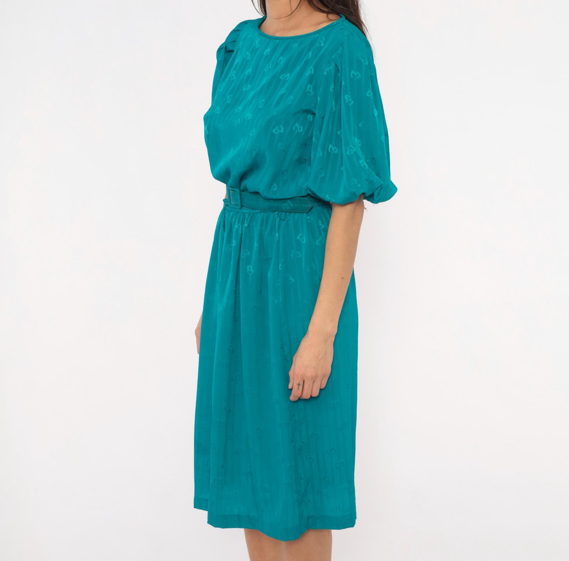 80s Liz Roberts Teal Jacquard Dress Puff Sleeve Boat Neck Knee-Length Medium