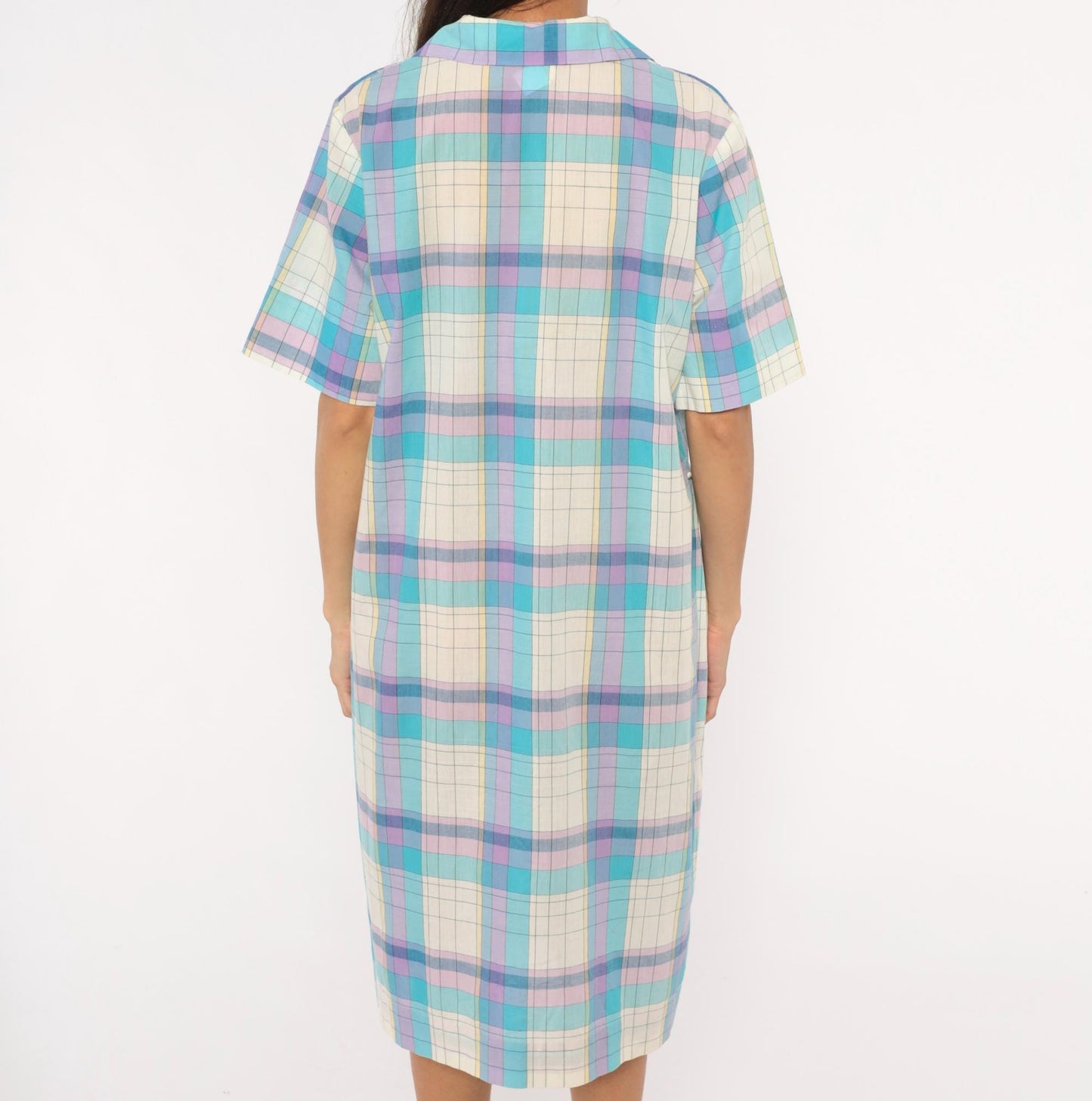 70s Pastel Plaid Zip-Front Housecoat Shift Dress Aqua Purple Knee Length Extra Large