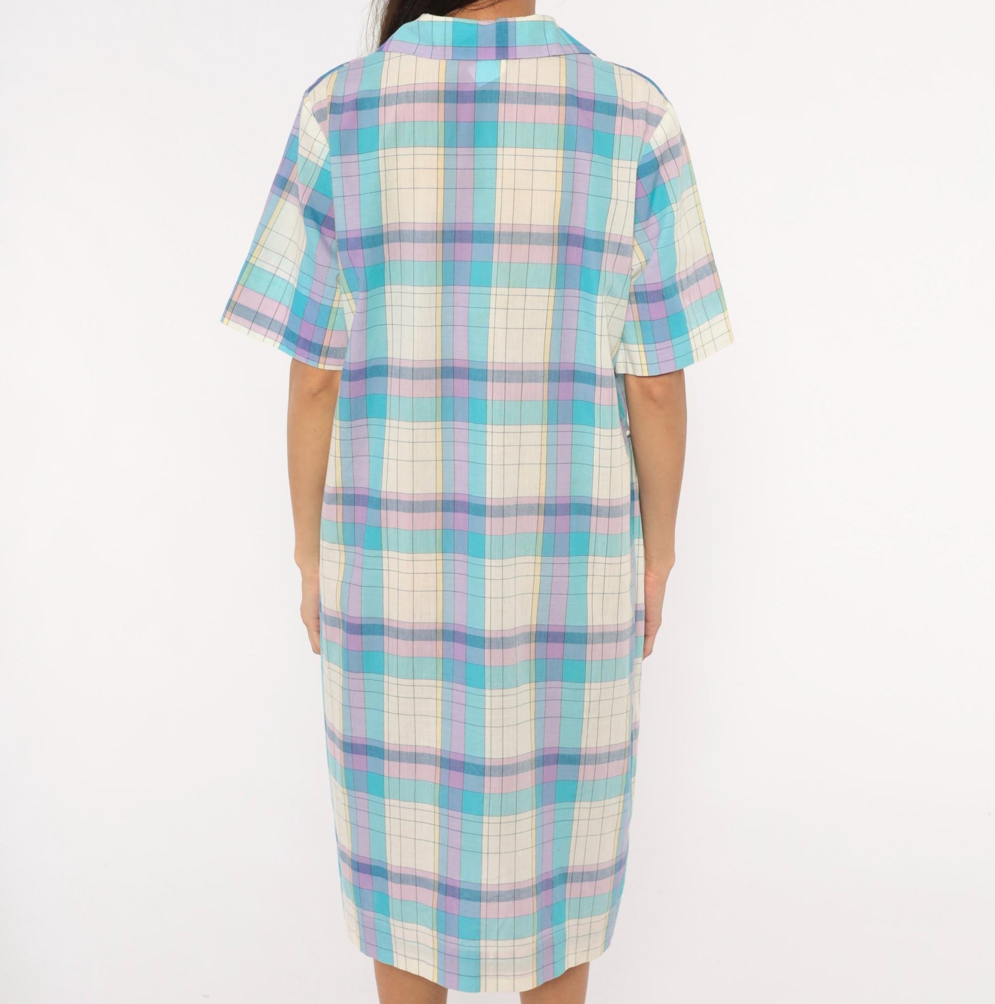70s Pastel Plaid Zip-Front Housecoat Shift Dress Aqua Purple Knee Length Extra Large