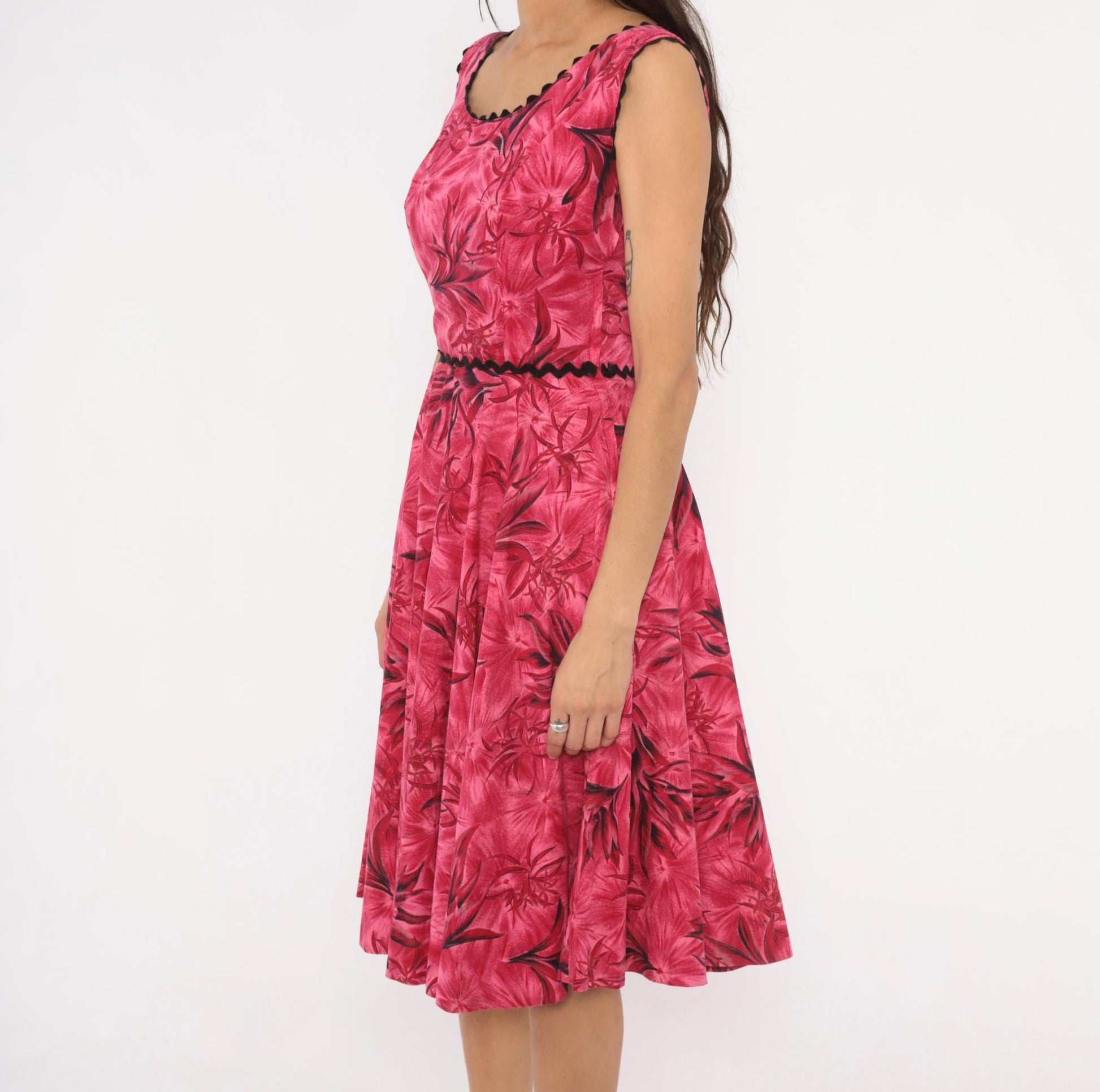 60s Tropical Floral A-Line Dress Pink Black Ric Rac Cotton Small