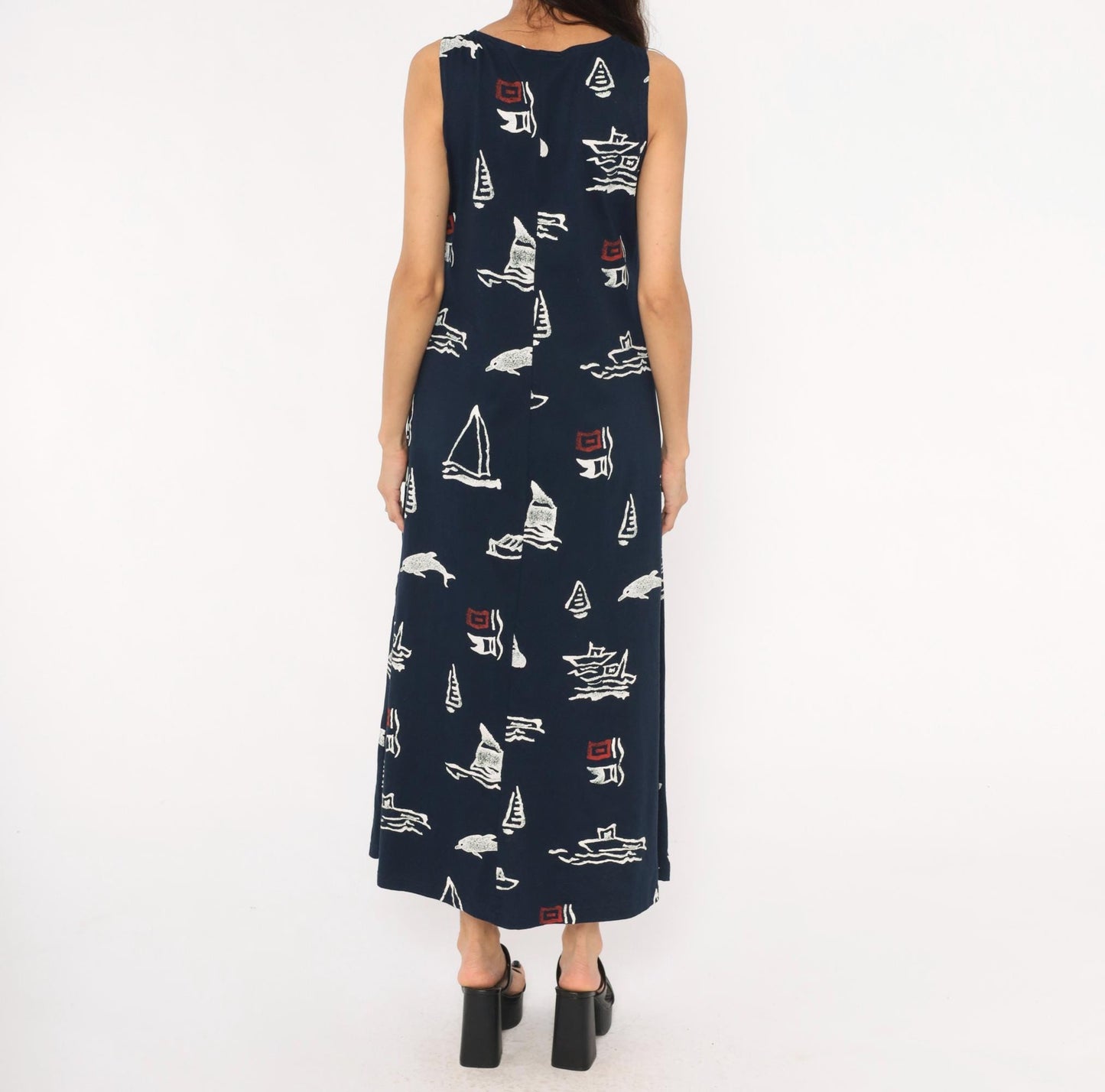 90s Copa Cabana Navy Nautical Maxi Dress Sailboat Dolphin Print Medium