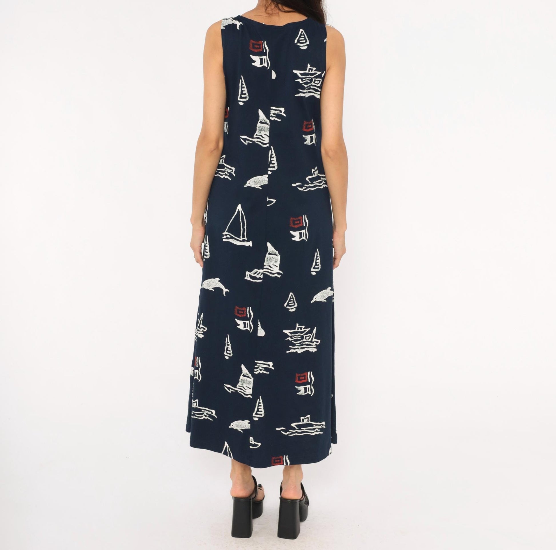 90s Copa Cabana Navy Nautical Maxi Dress Sailboat Dolphin Print Medium