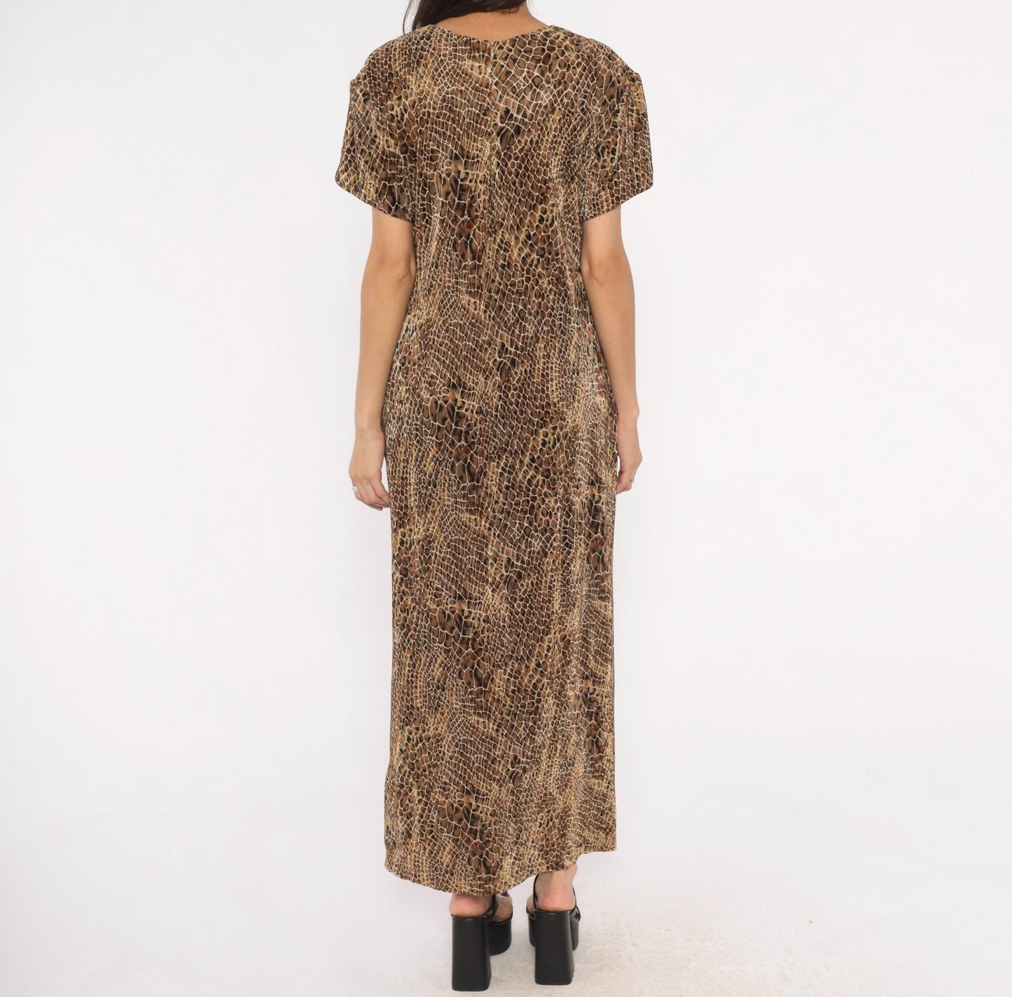 90s Scarlett Snakeskin Maxi Dress Brown Tan Black Animal Print Shift Extra Large