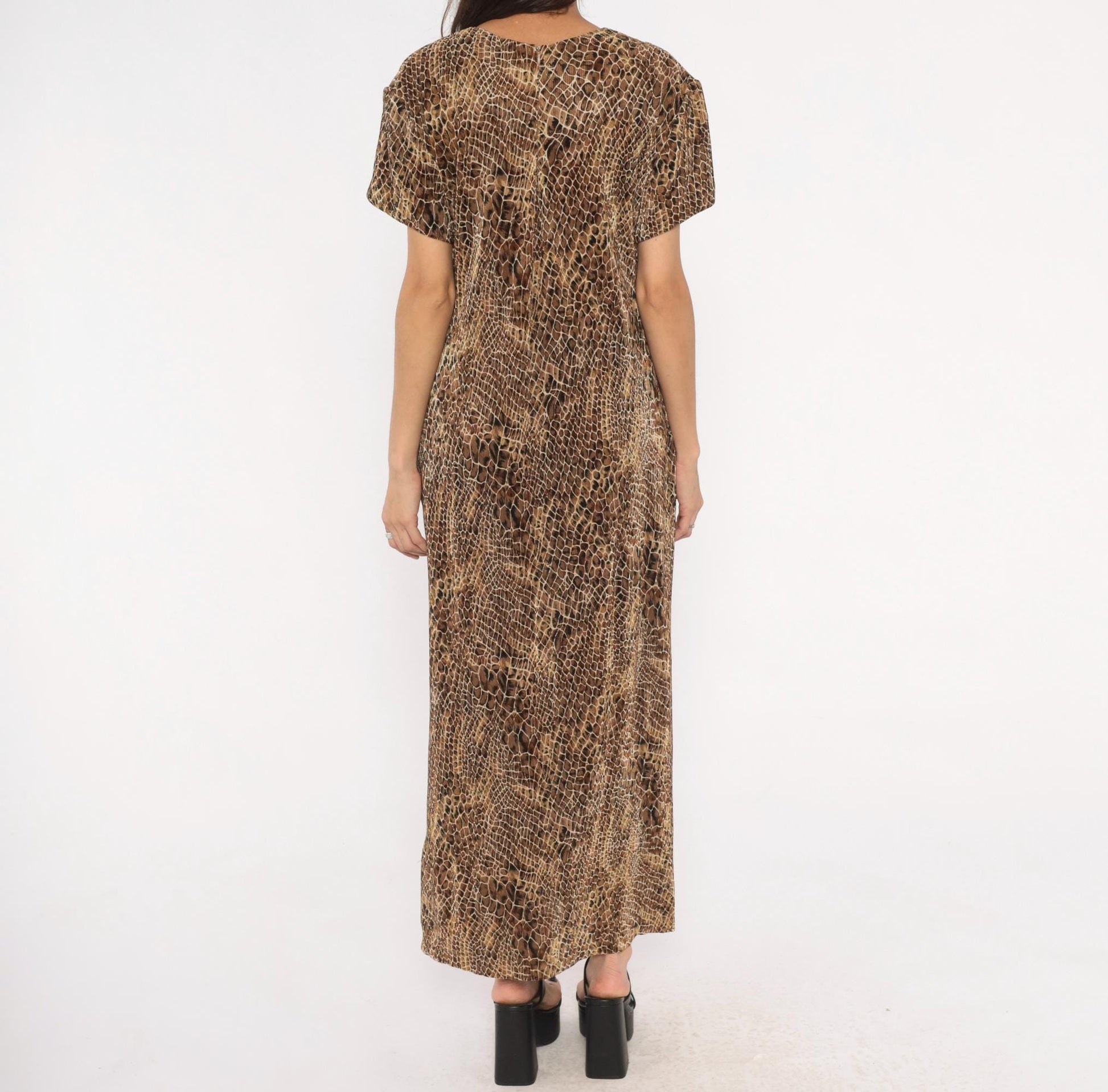 90s Scarlett Snakeskin Maxi Dress Brown Tan Black Animal Print Shift Extra Large