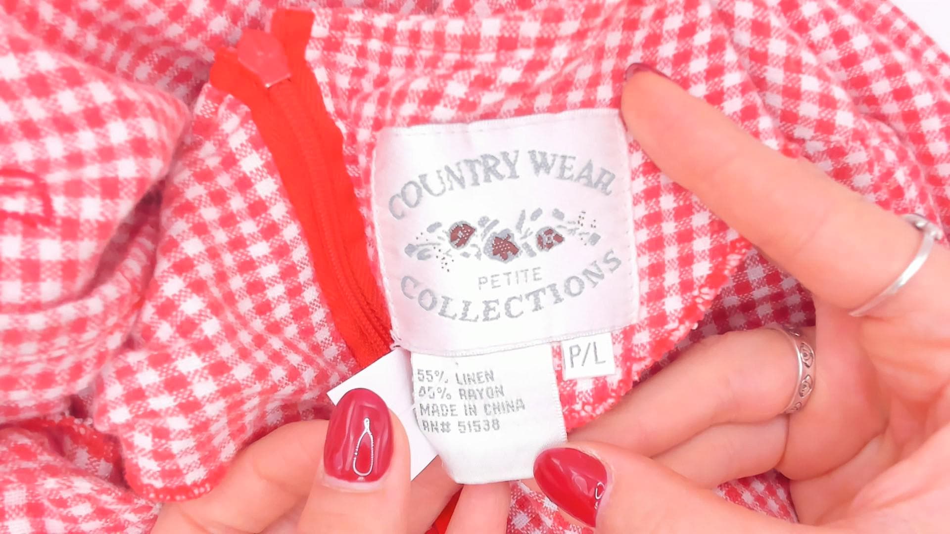80s Country Wear Gingham Midi Dress Red White Embroidered Scalloped Petite Large