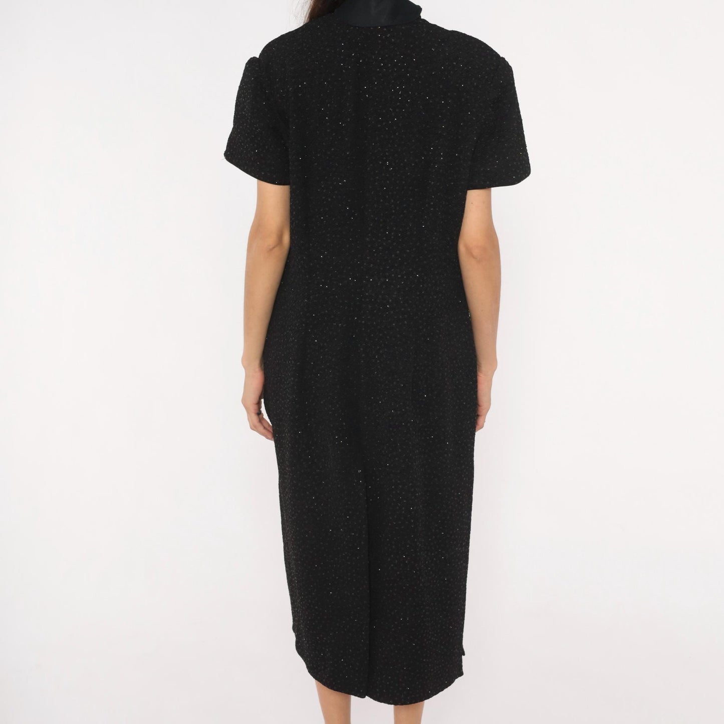 90s R&M Richards Black Glitter Cheongsam Midi Dress Frog Closure Mandarin Collar Extra Large