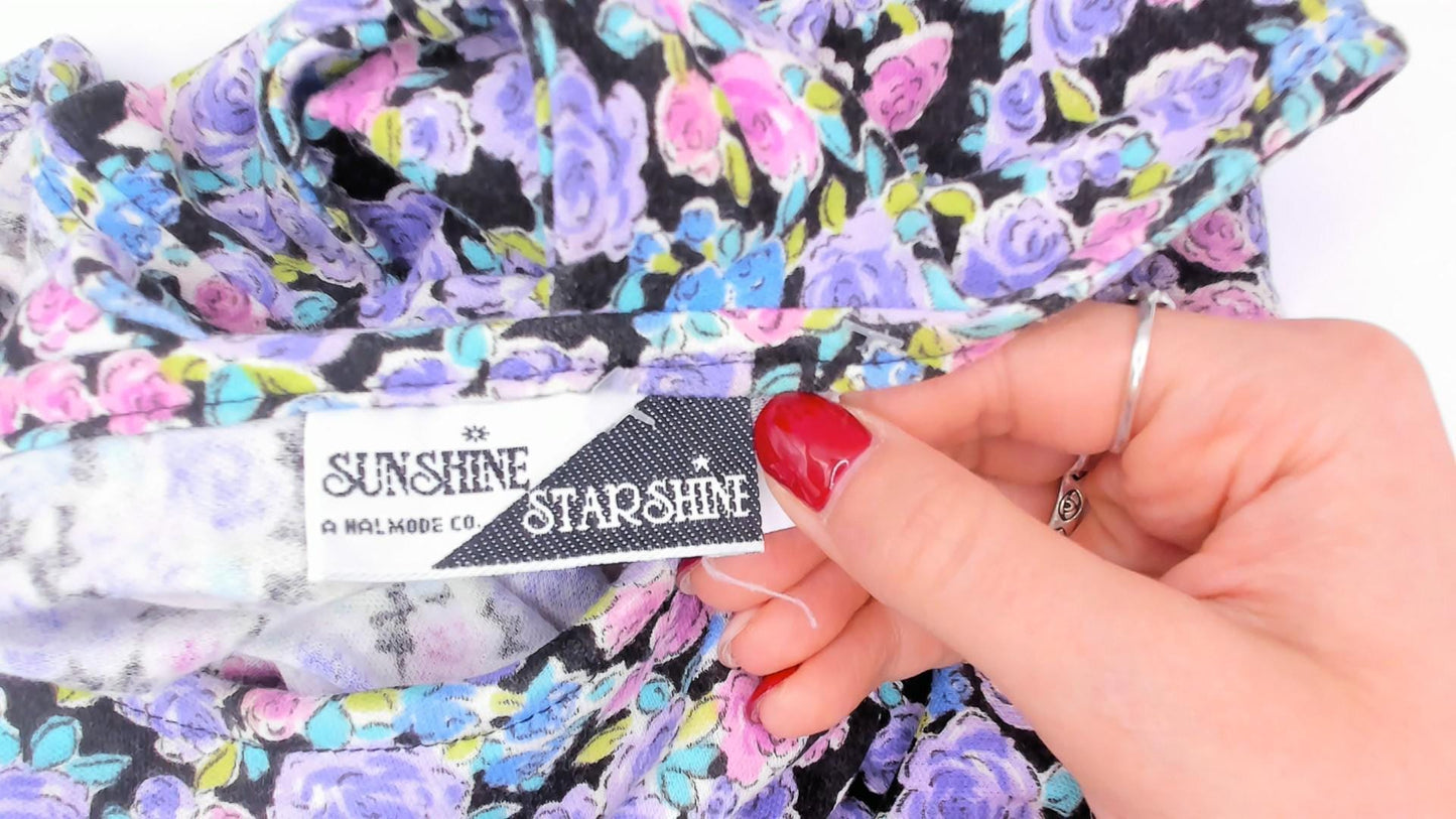90s Sunshine Starshine Floral Midi Dress Purple Pink Rose Cap Sleeve Large