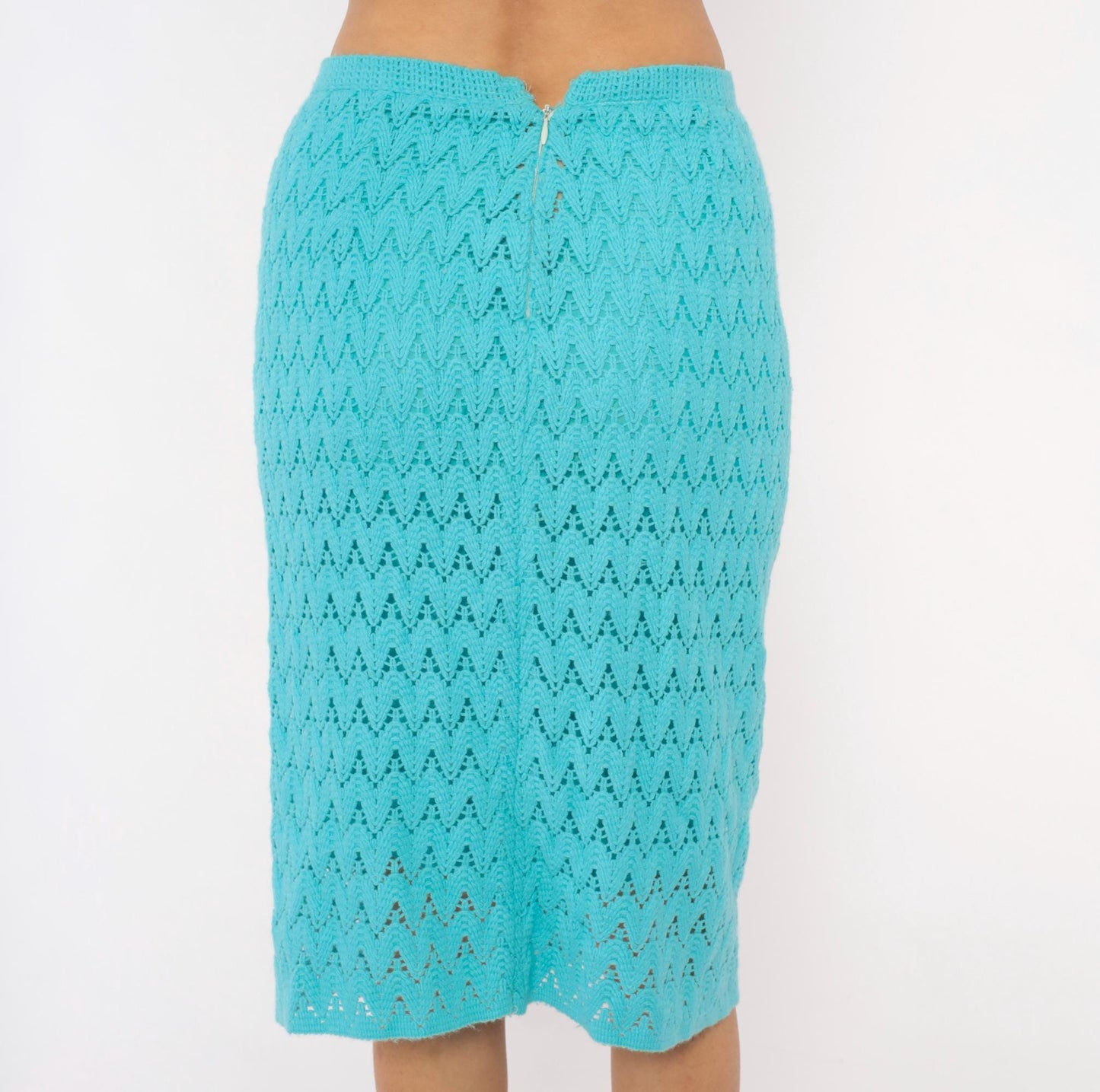 70s Aqua Crochet Pencil Skirt Chevron Knit Midi Knee-Length Small