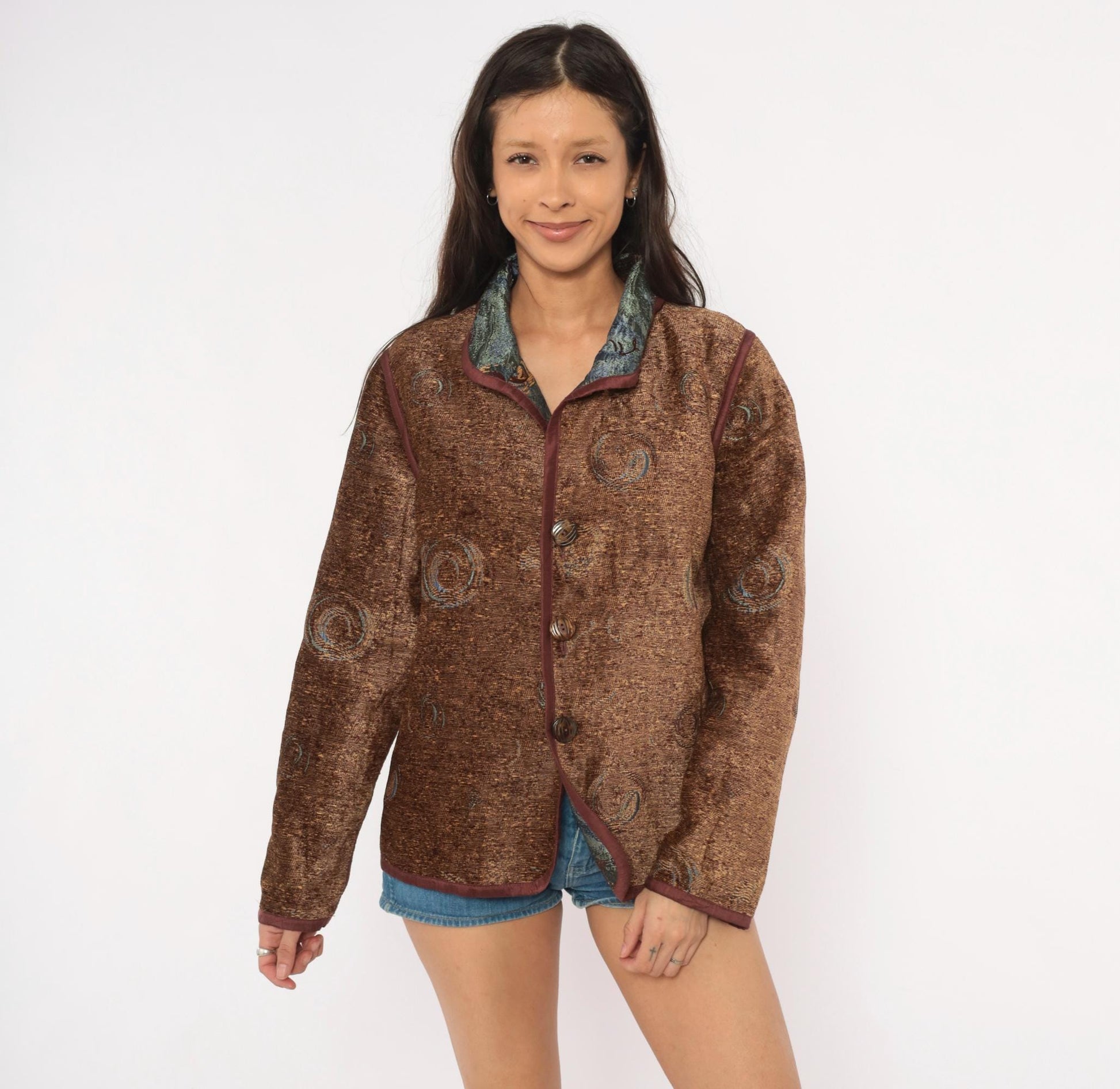 2000s Yak Magik Tapestry Blazer Woven Spiral Jacquard Blue Green Brown Extra Large XXL
