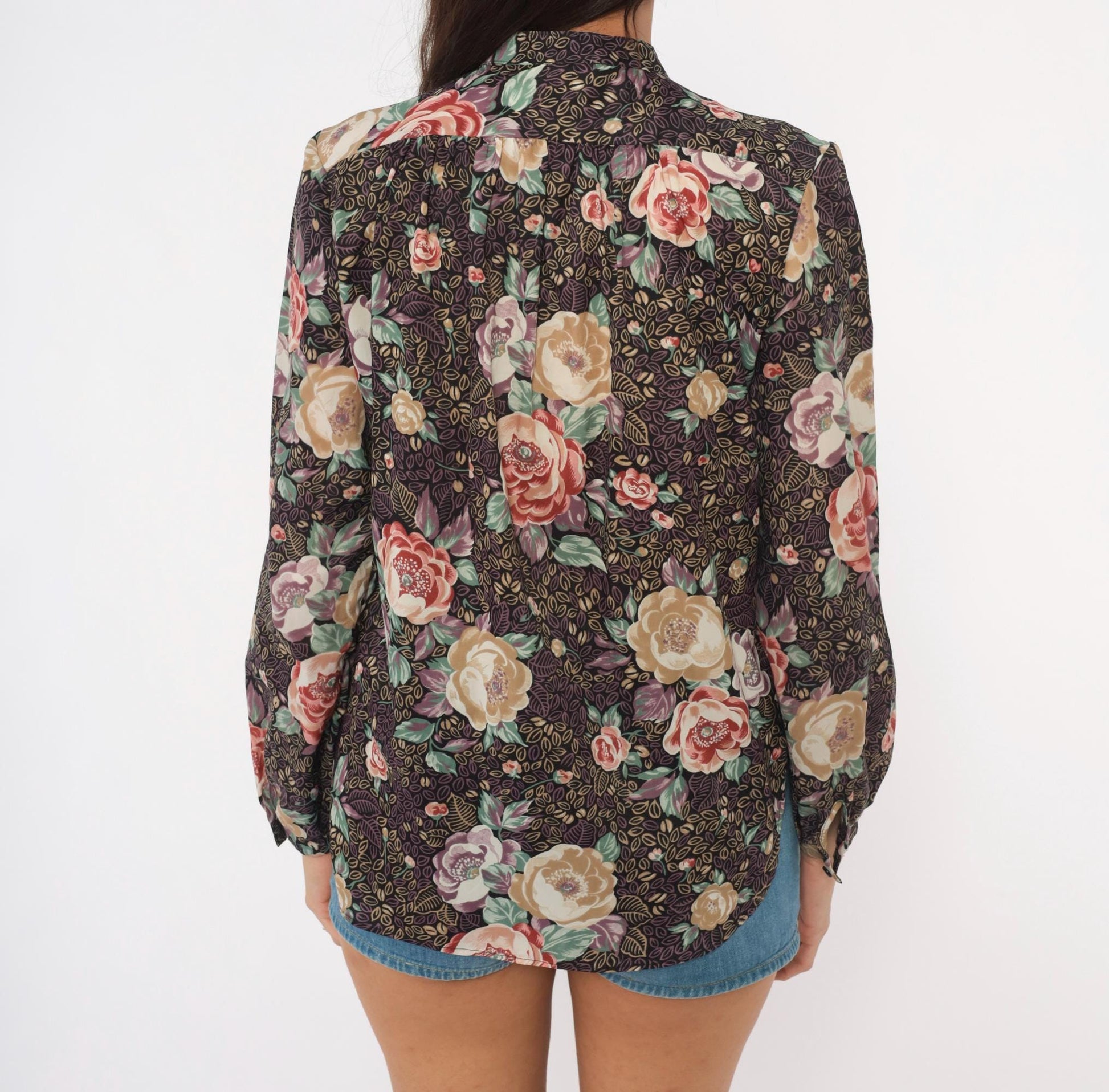 80s Elles Belles Floral Blouse Puff Shoulder Rose Print Plum Medium