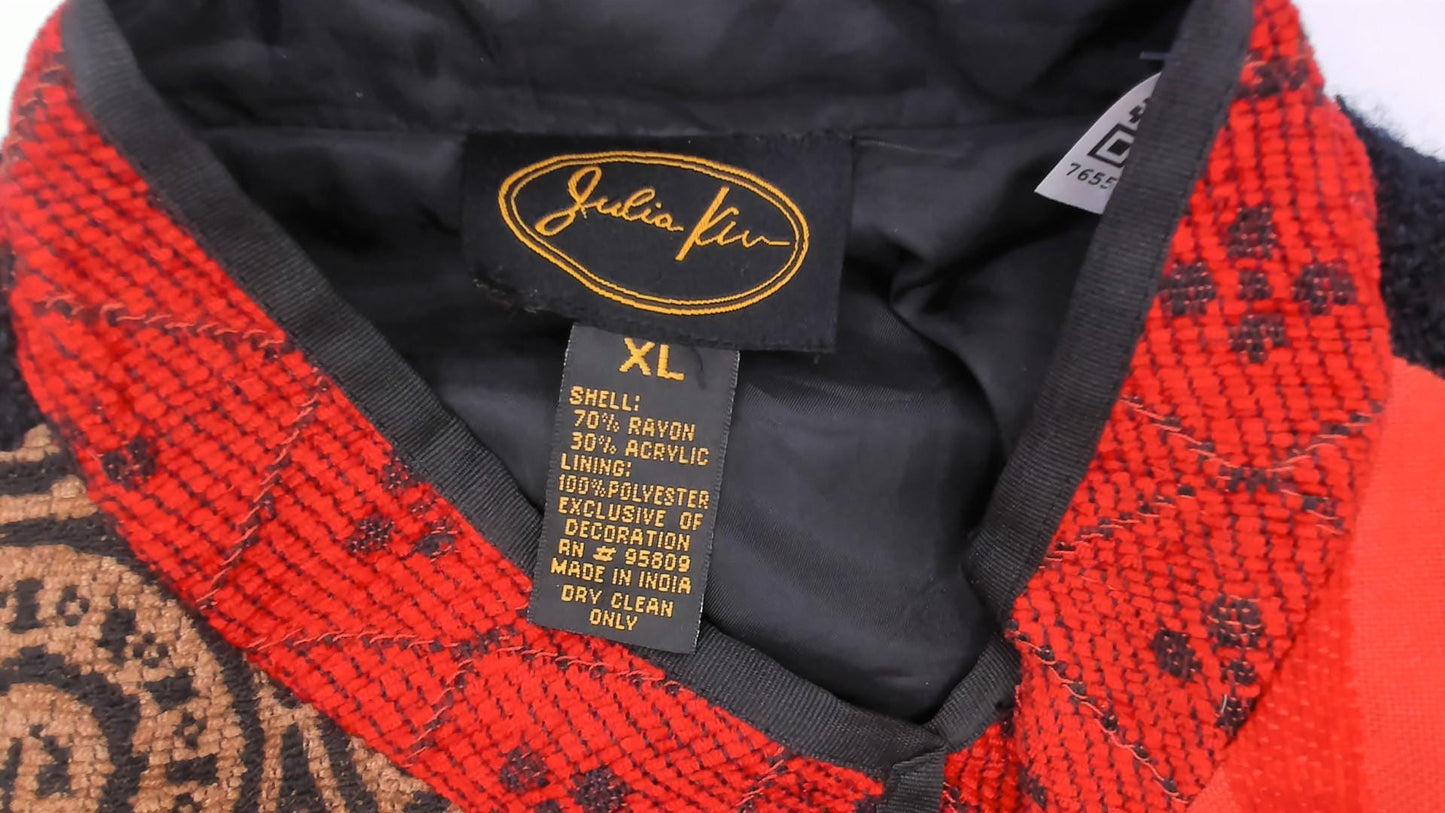 2000s Julia Kin Patchwork Embroidered Jacket Black Red Mandarin Collar Extra Large XL