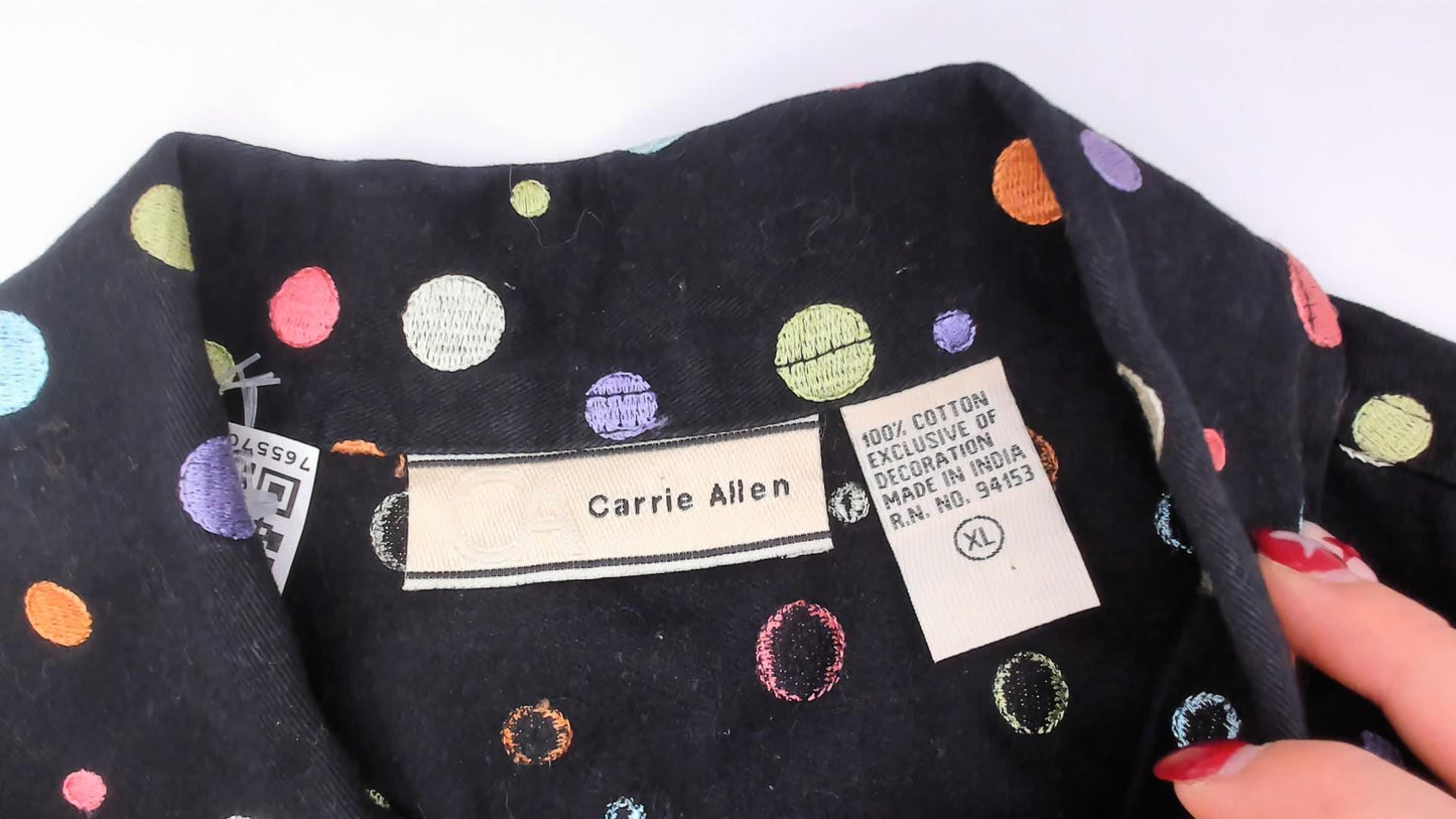 2000s Carrie Allen Polka Dot Cotton Jacket Black Multicolor Button Front Cropped Extra Large