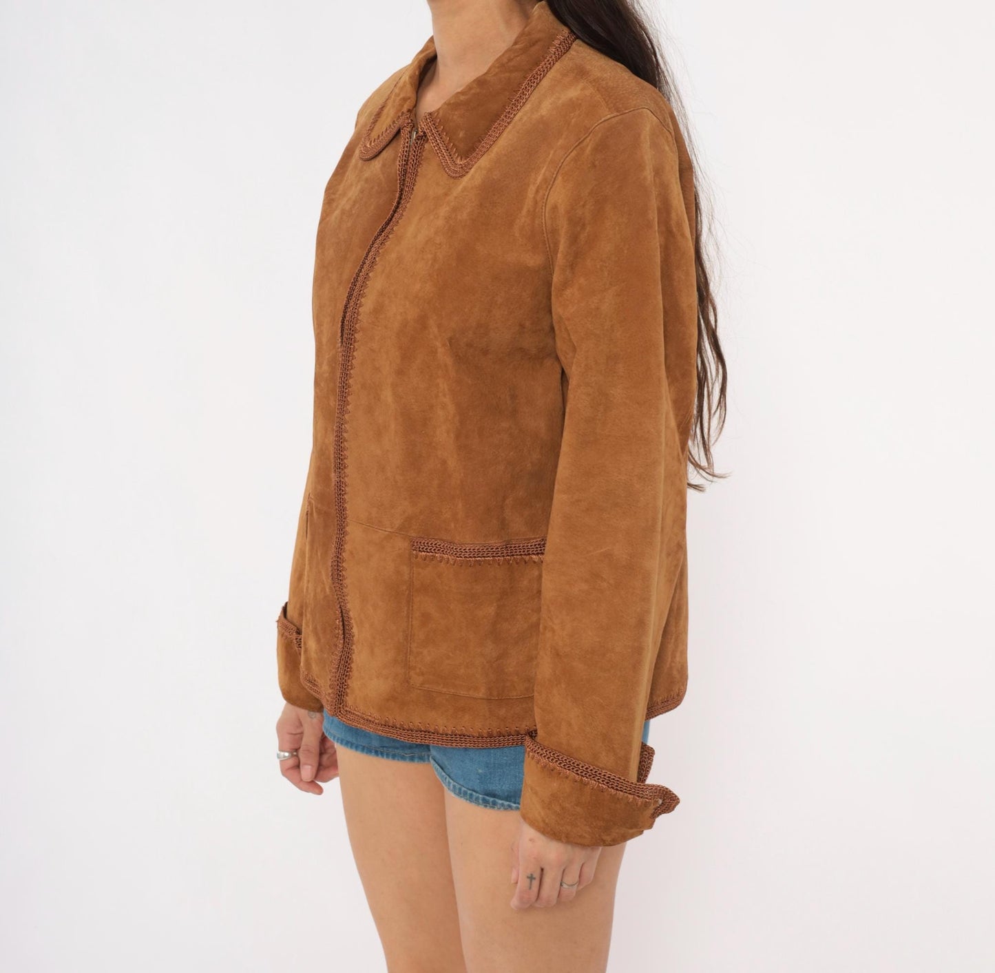 2000s Christopher & Banks Suede Jacket Brown Crochet Trim Zip Collared Large L