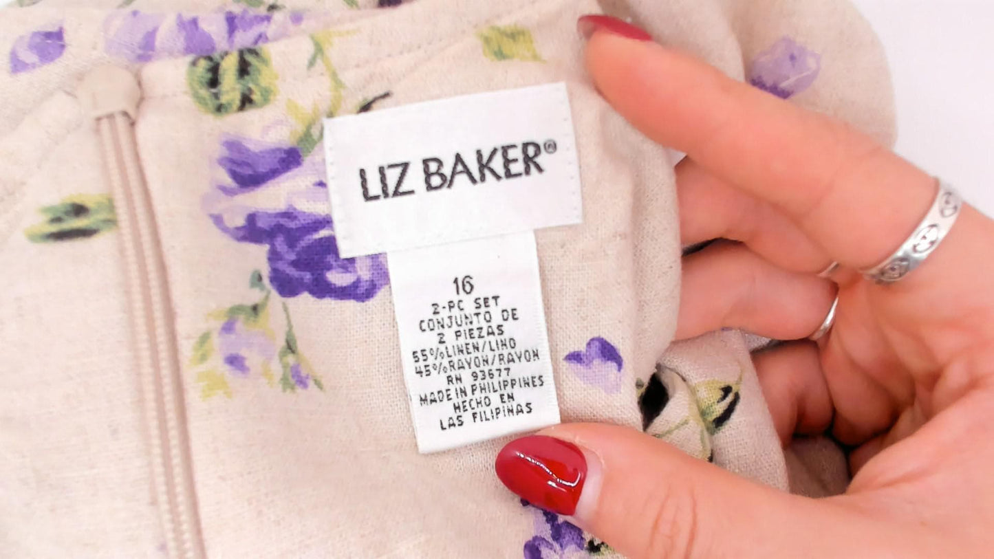 90s Liz Baker Floral Linen Maxi Dress Purple Rose Cream Tank Sleeveless Extra Large XXL
