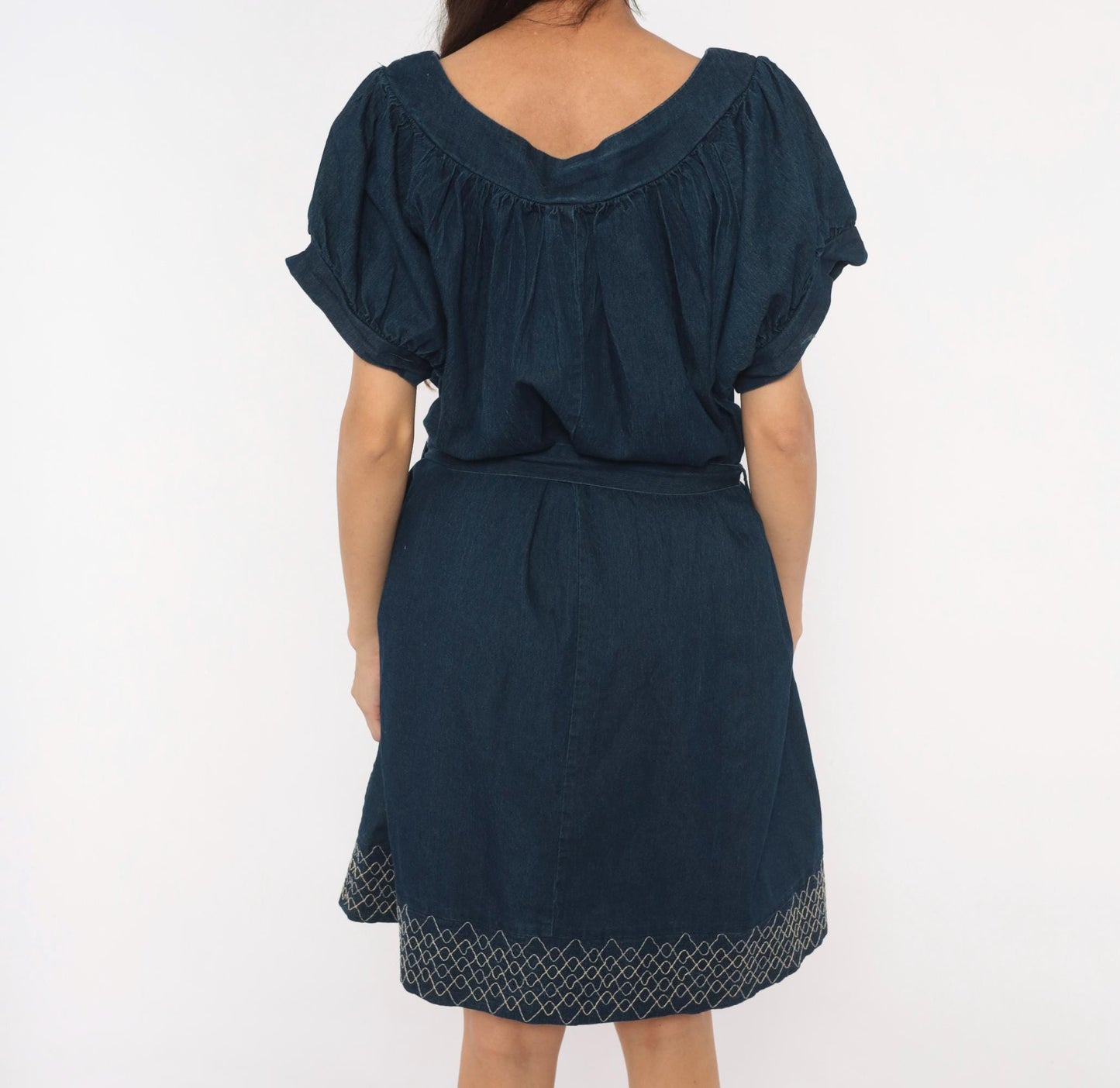 90s Roommates California Navy Denim Mini Dress Puff Sleeve Embroidered Plus Size 3X