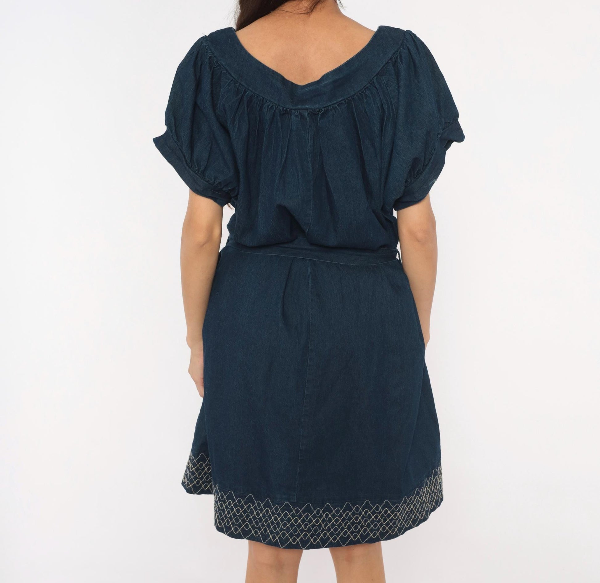 90s Roommates California Navy Denim Mini Dress Puff Sleeve Embroidered Plus Size 3X