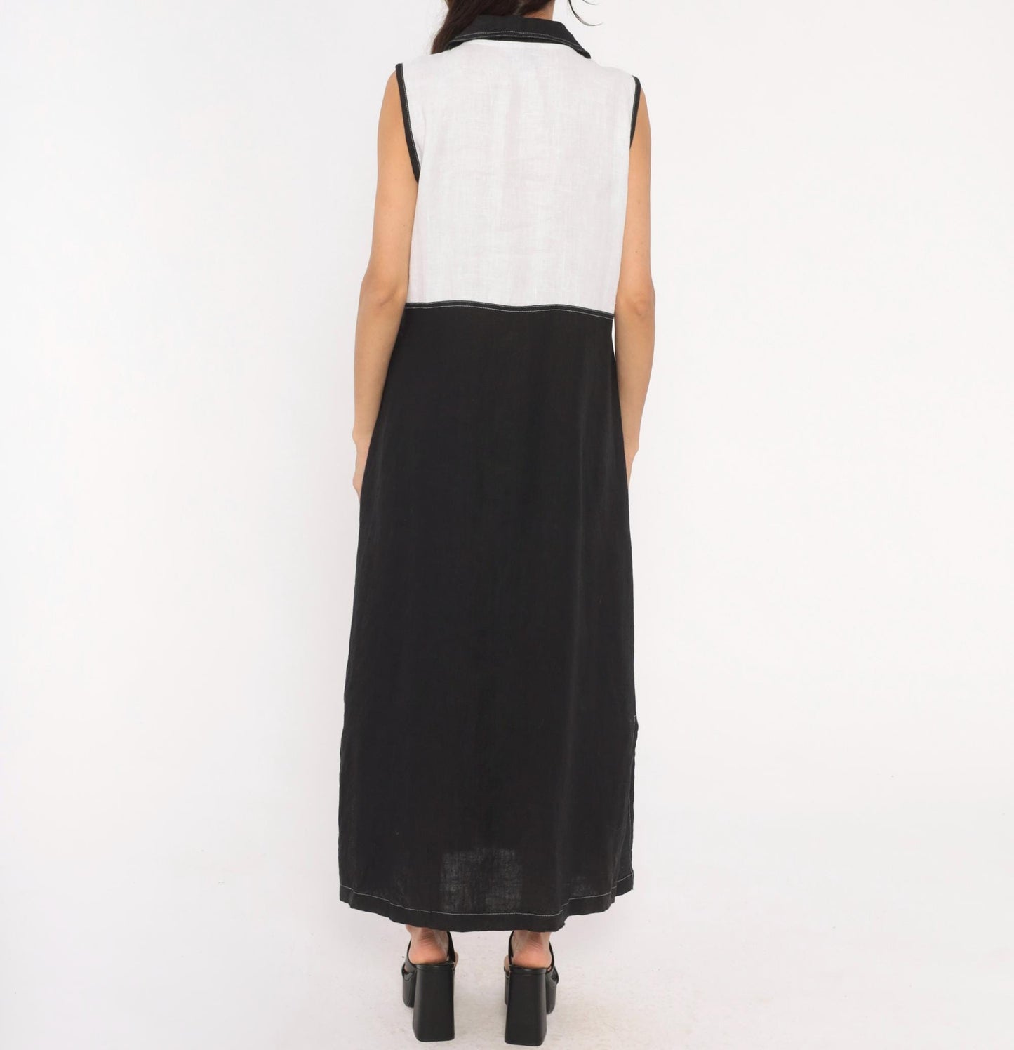 90s Nannette Keller Color Block Maxi Dress Black White Linen Cotton Medium M