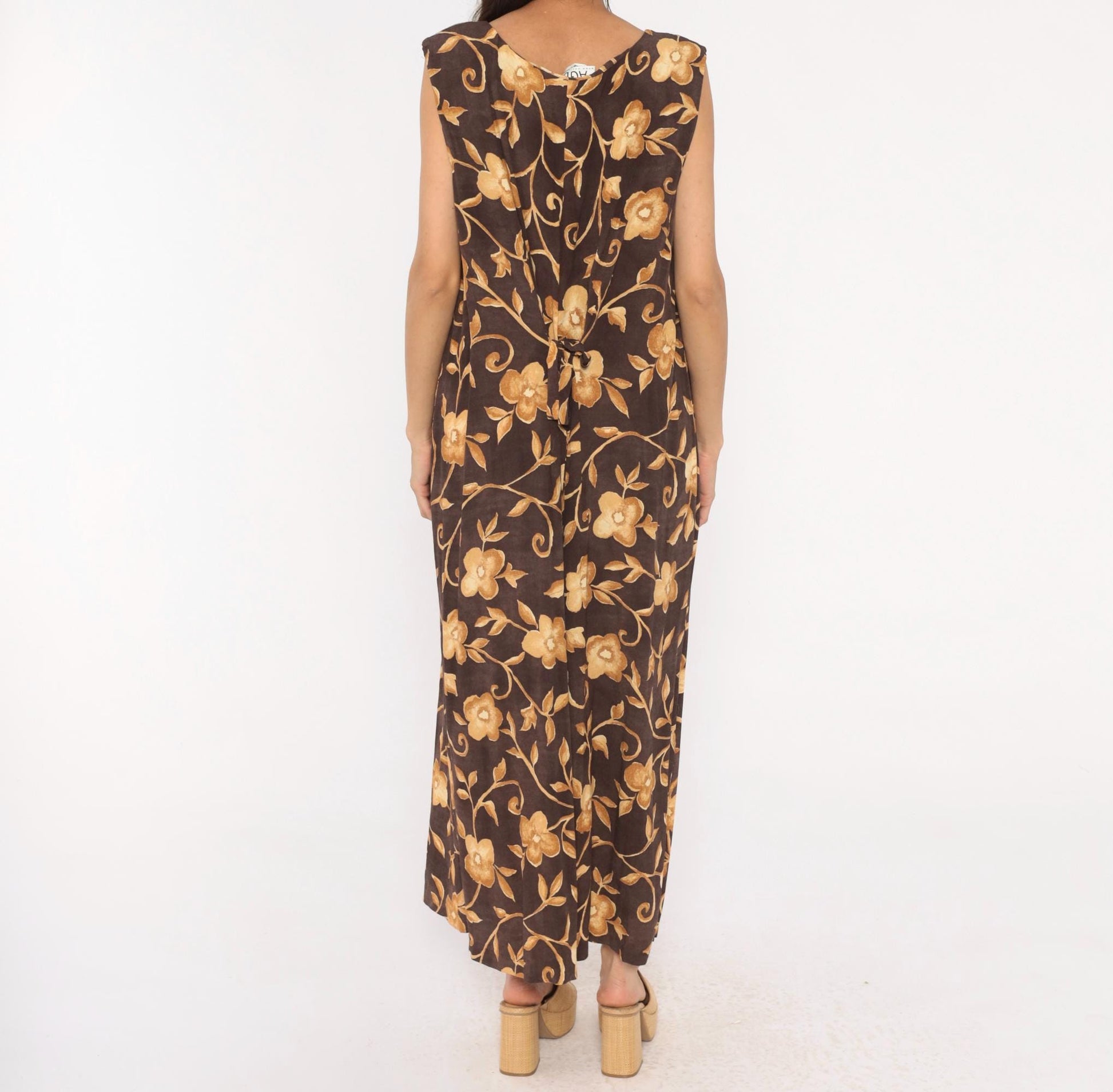 90s AGB Floral Maxi Dress Brown Gold Vine Sleeveless V Neck Plus Size XXL