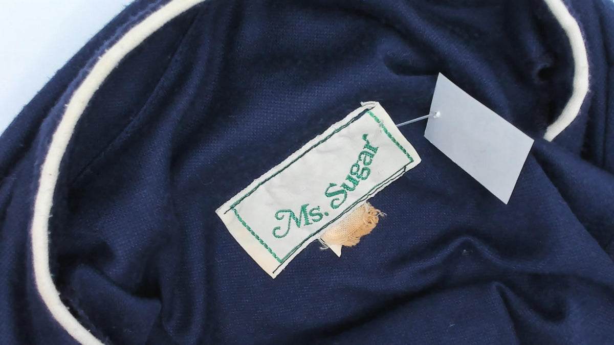 80s Ms. Sugar Navy Cotton Dress V-Neck Button Front Blouson Sleeve Medium Large