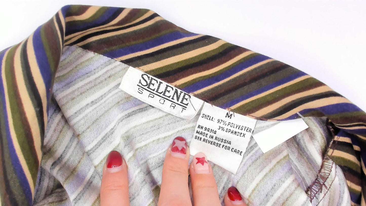 Y2K Selene Sport Striped Shirt Dress Olive Navy Gold Mini Medium M