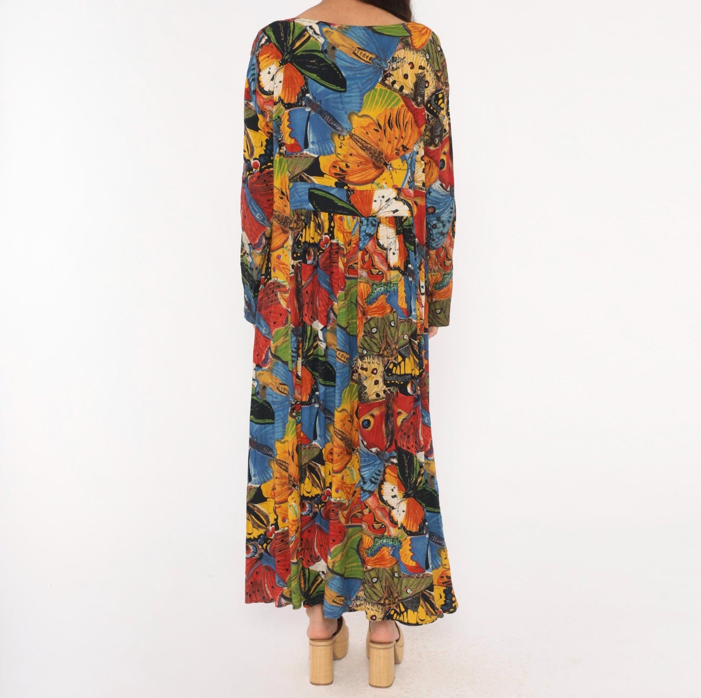 90s We Bebop Butterfly Maxi Dress Empire Waist Long Sleeve Multicolor Extra Large XXL
