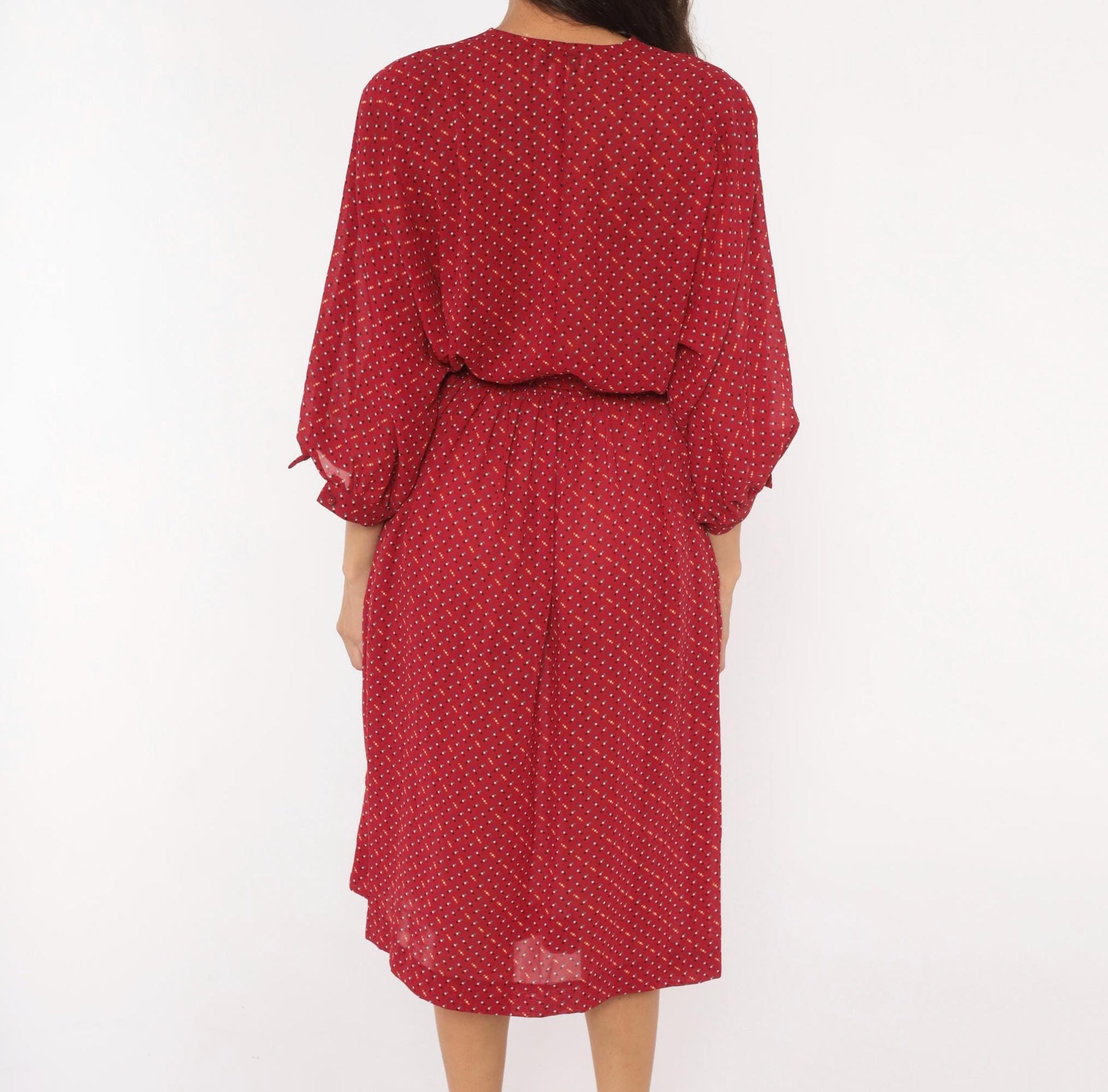 80s Virgo Il Burgundy Wrap Dress Dotted Print Knee-Length V-Neck Extra Large
