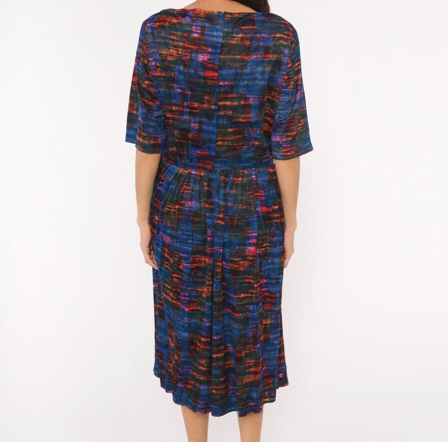1960s L'Aiglon Cobalt Orange Plaid Dress Boat Neck Pleated Midi Large