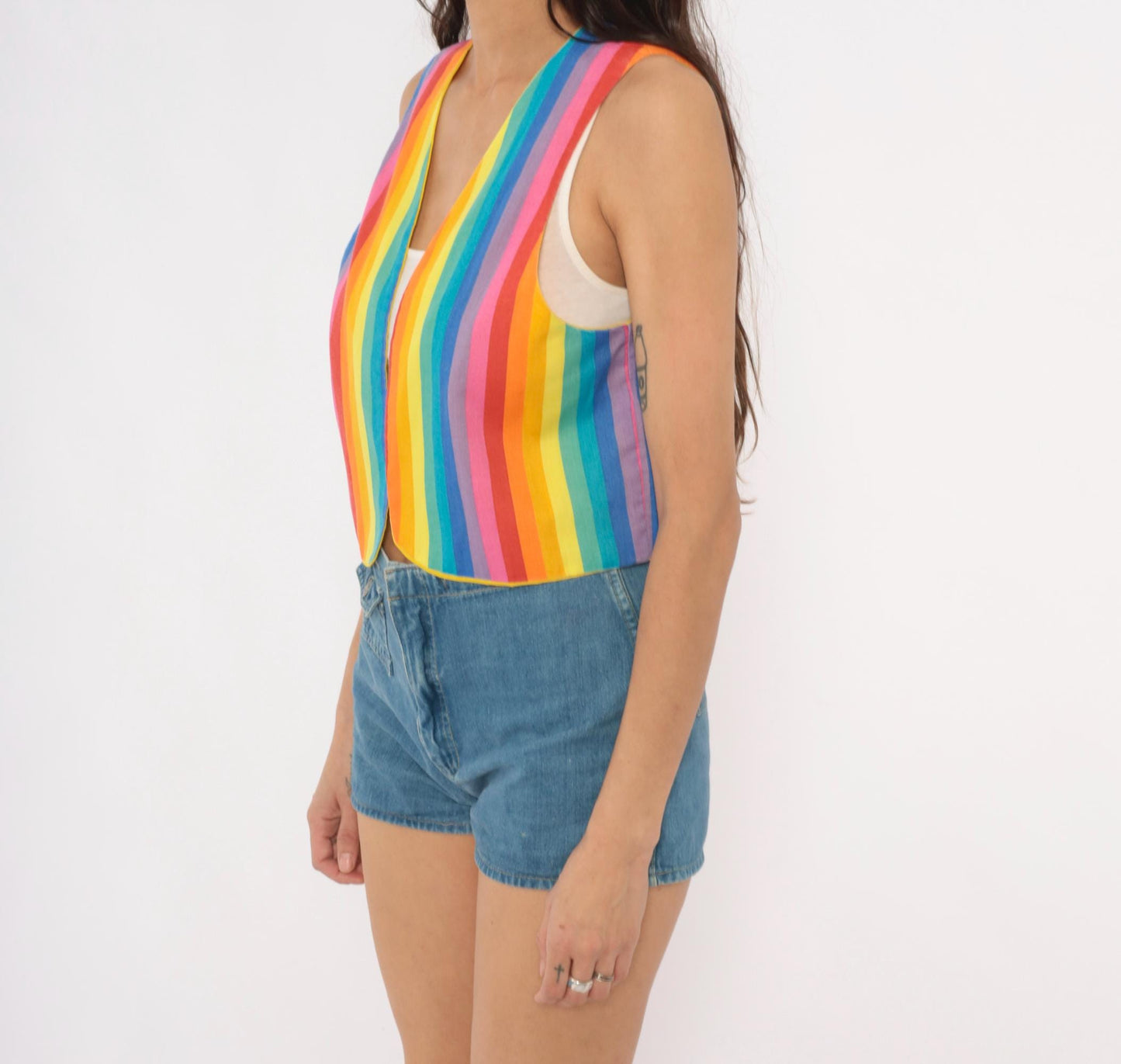 80s Rainbow Stripe Cotton Vest Reversible Yellow Lined Cropped Waistcoat Small