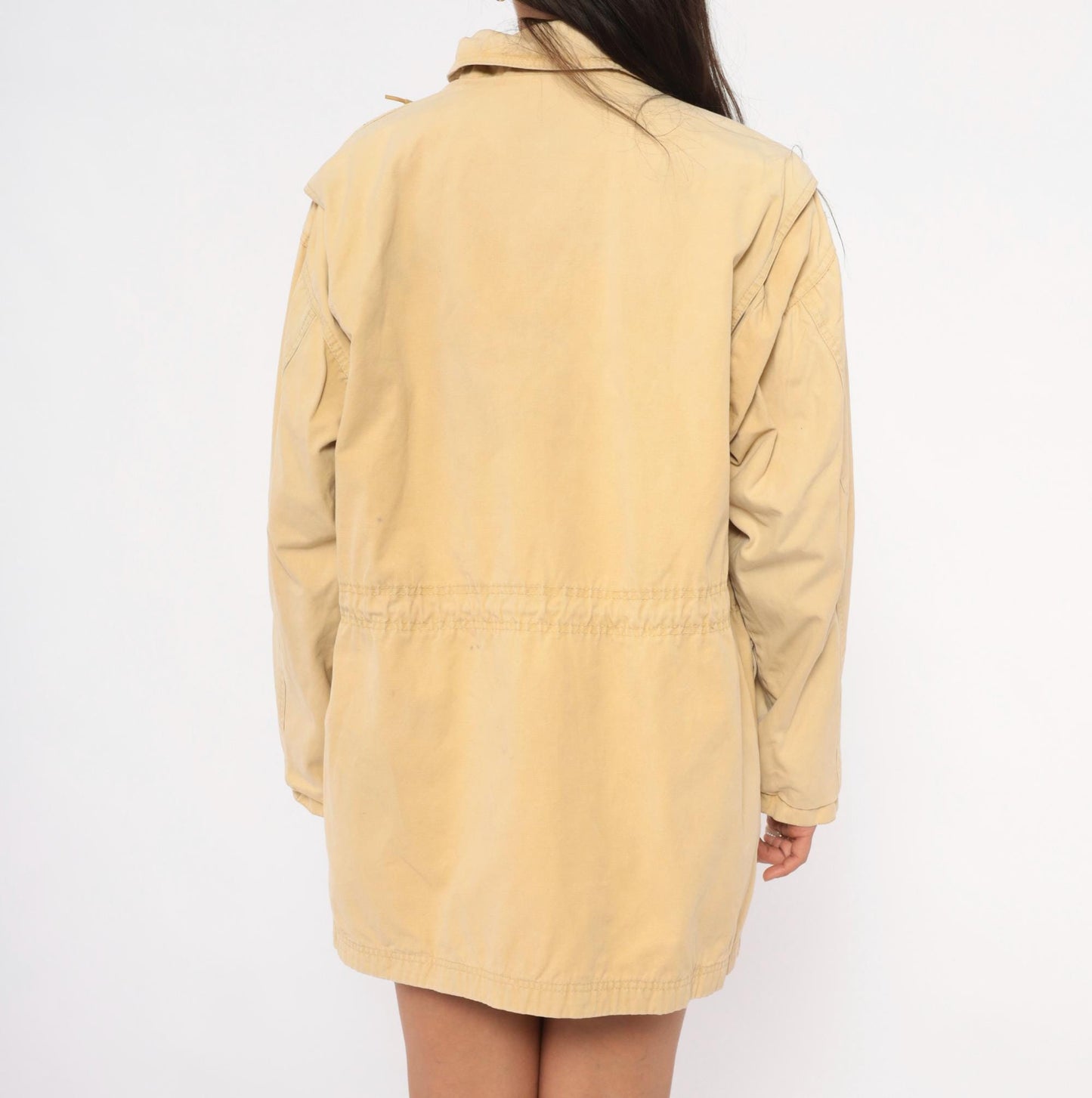 90s World Adventure Wolverine Tan Parka Cargo Jacket High Collar Small Petite