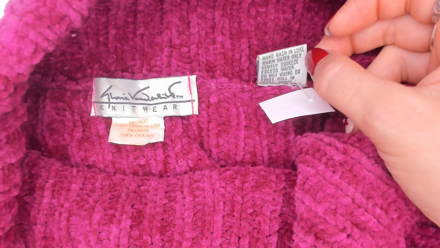 80s Knitwear Magenta Chenille Turtleneck Ribbed Knit Sweater Large L