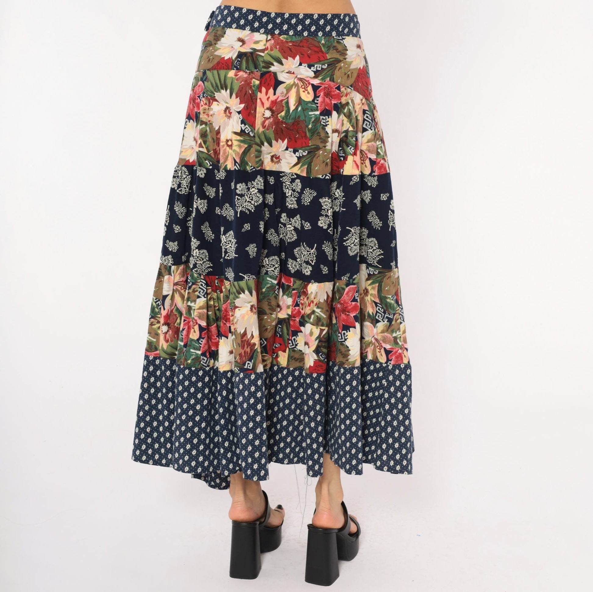 80s Patchwork Tiered Midi Skirt Floral Navy Cotton Medium M