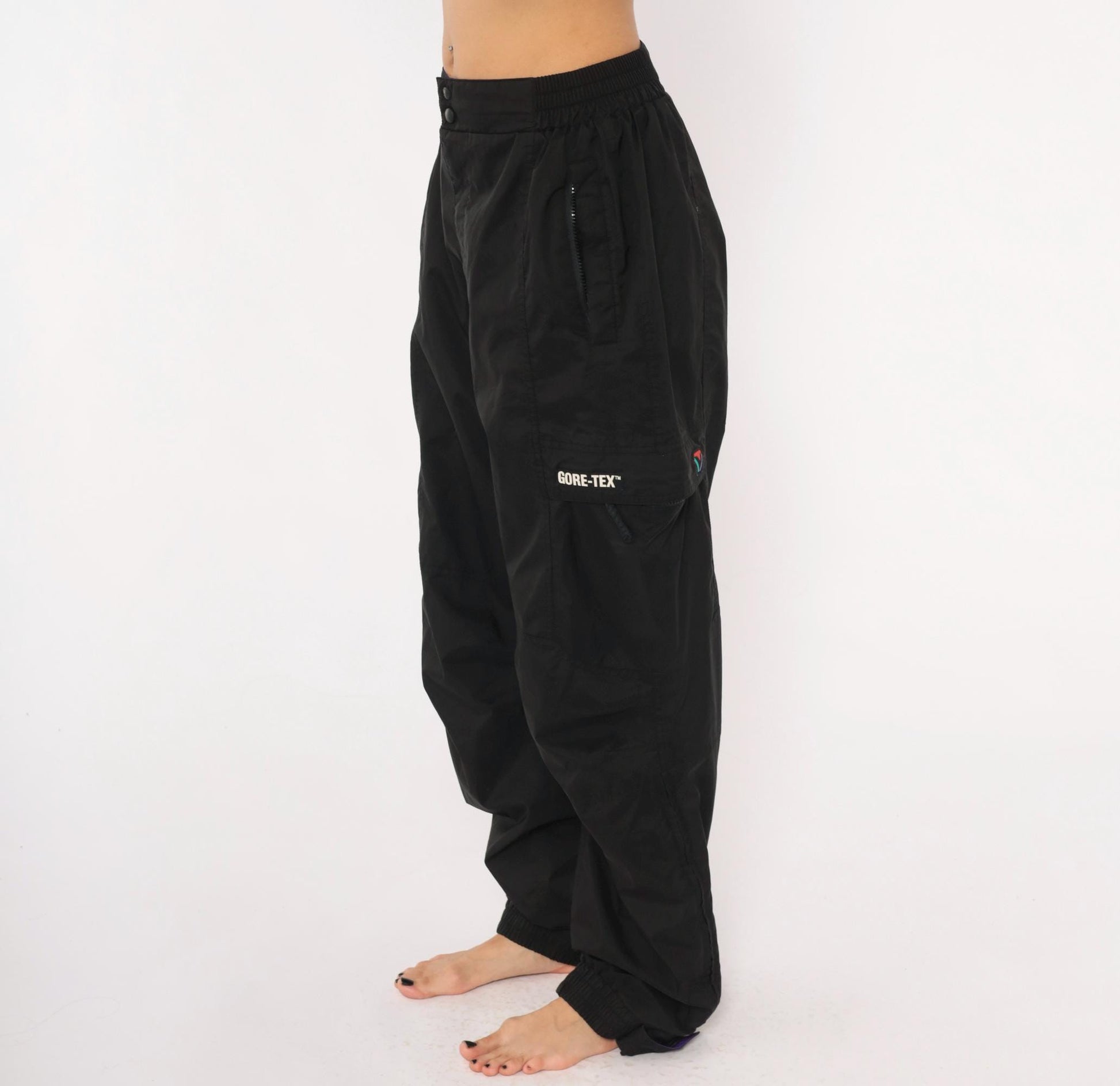 2000s Gore-Tex Black Nylon Shell Pants Cargo Pocket Snap Waist Large L