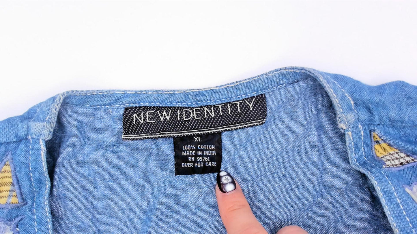 90s New Identity Patchwork Denim Vest Applique Plaid Floral Blue Extra Large XL