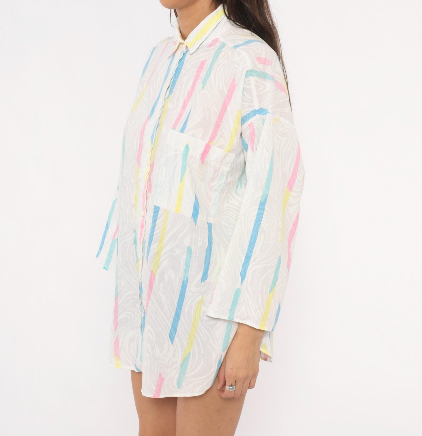90s Ardmore Abstract Brushstroke Button Blouse Pink Blue Yellow Large L